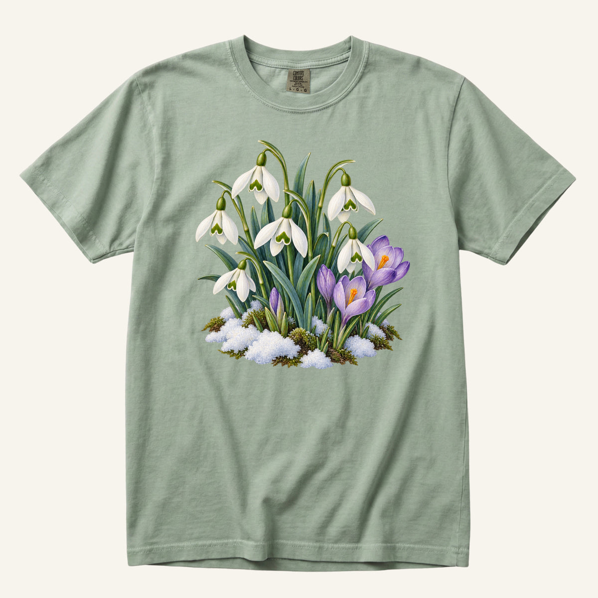 Snowdrop & Crocus T-Shirt in Bay — a gardener gift on garment-dyed cotton