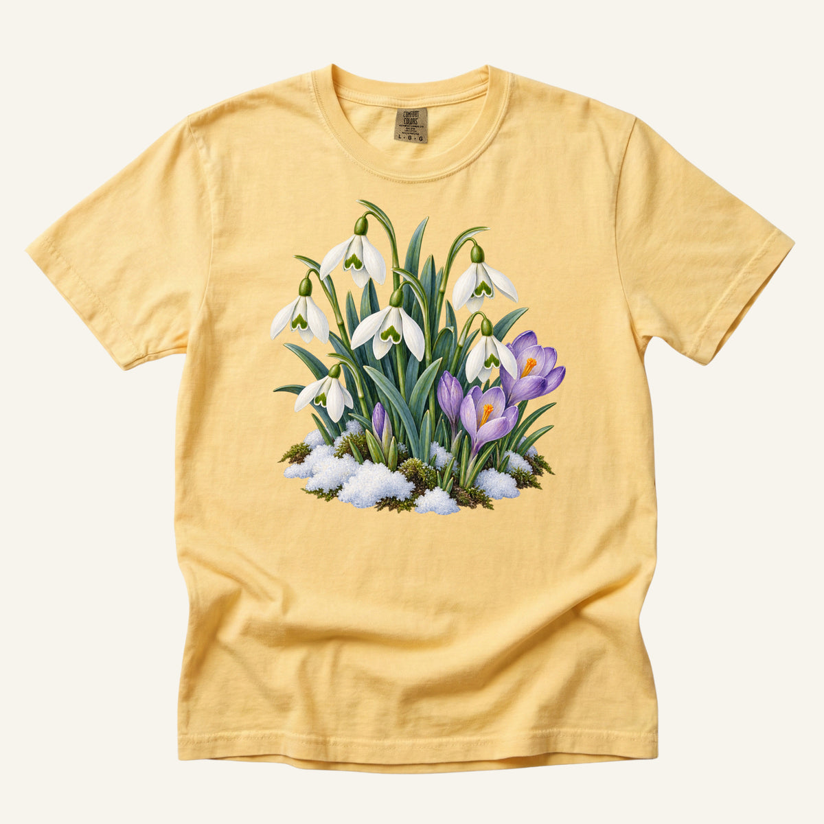 Snowdrop & Crocus T-Shirt in Butter — botanical spring flower watercolor, centered front print