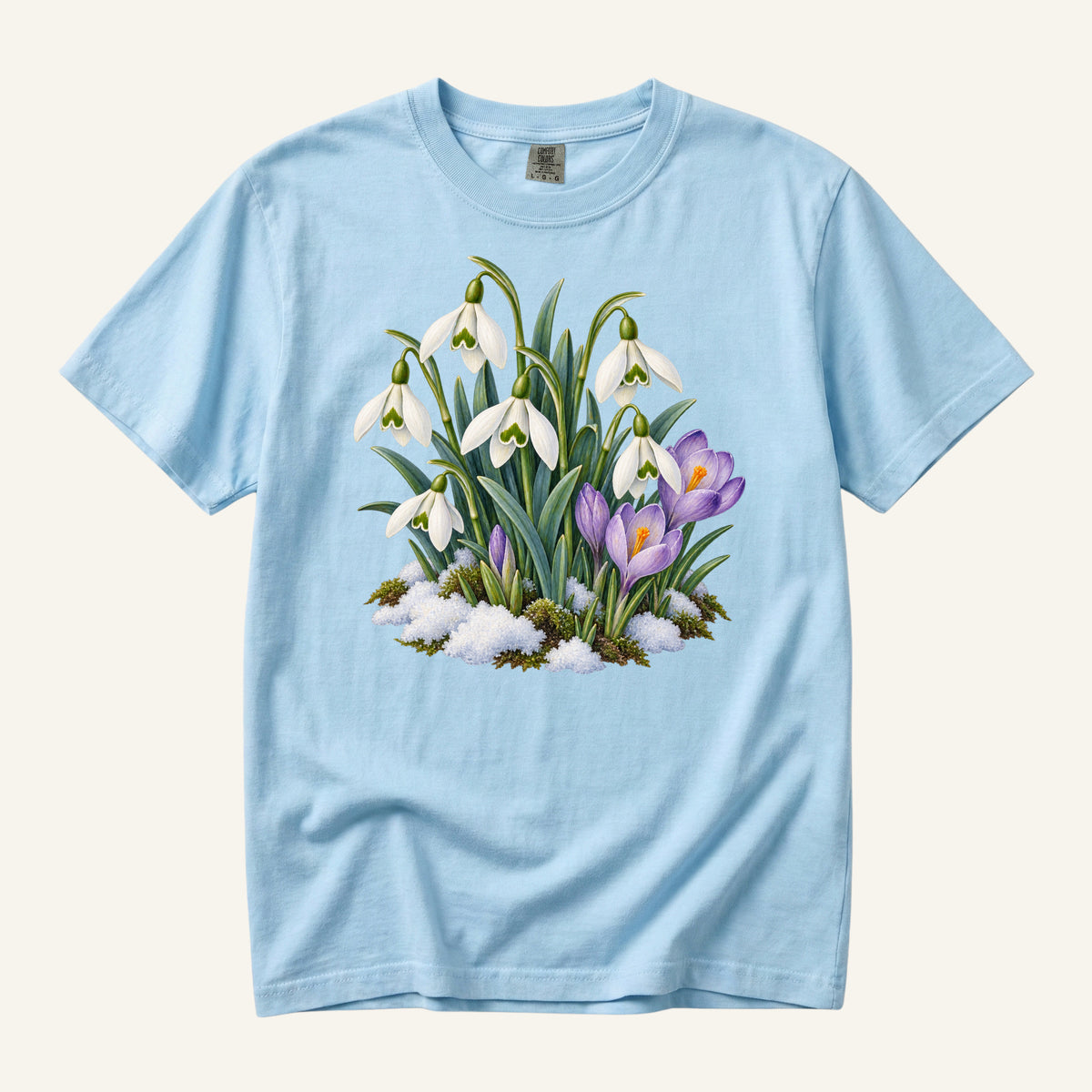 Snowdrop & Crocus T-Shirt in Chambray — early spring flowers through the last snow, sizes S to 4XL