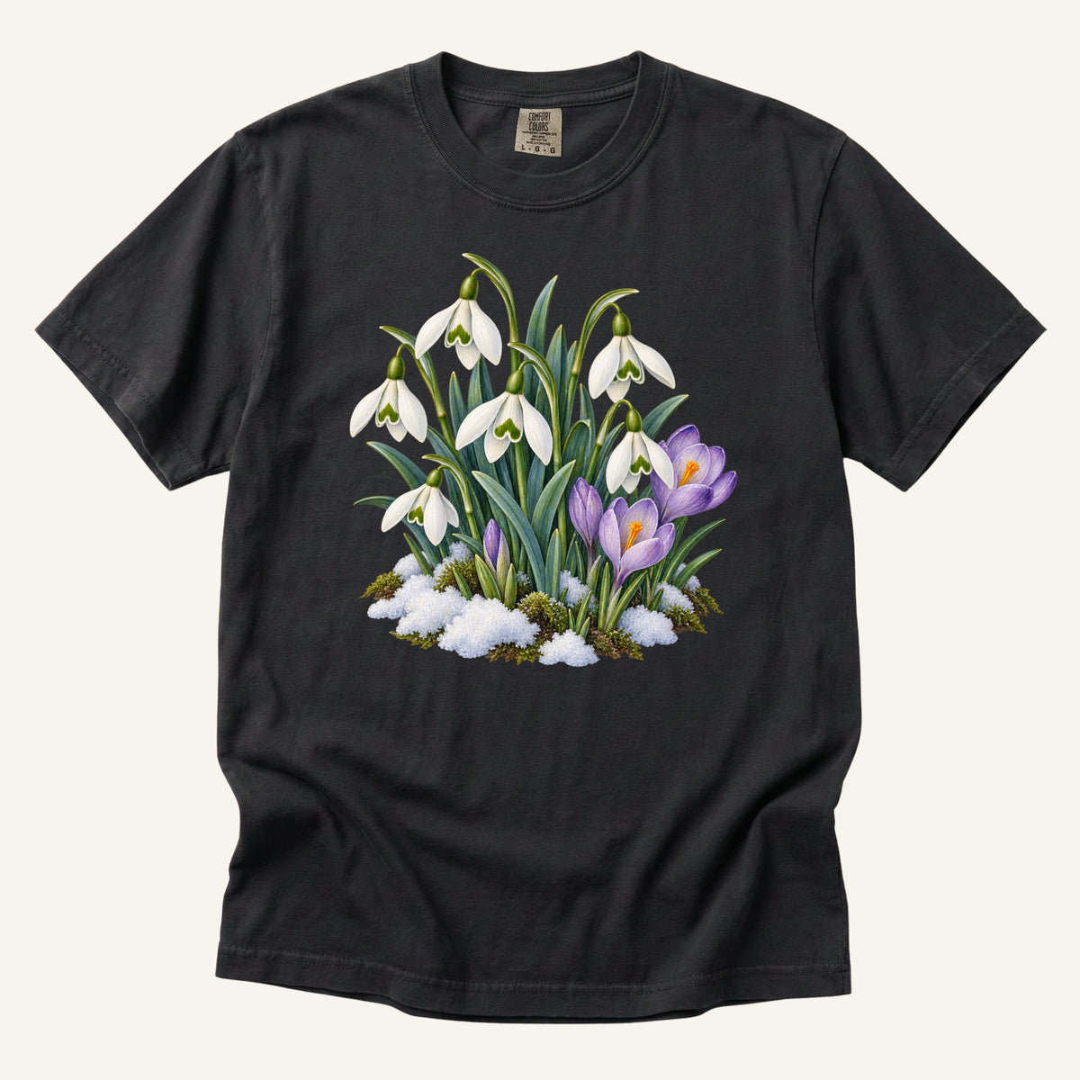 Snowdrop & Crocus T-Shirt in Graphite — flower lover gift, made to order in the USA