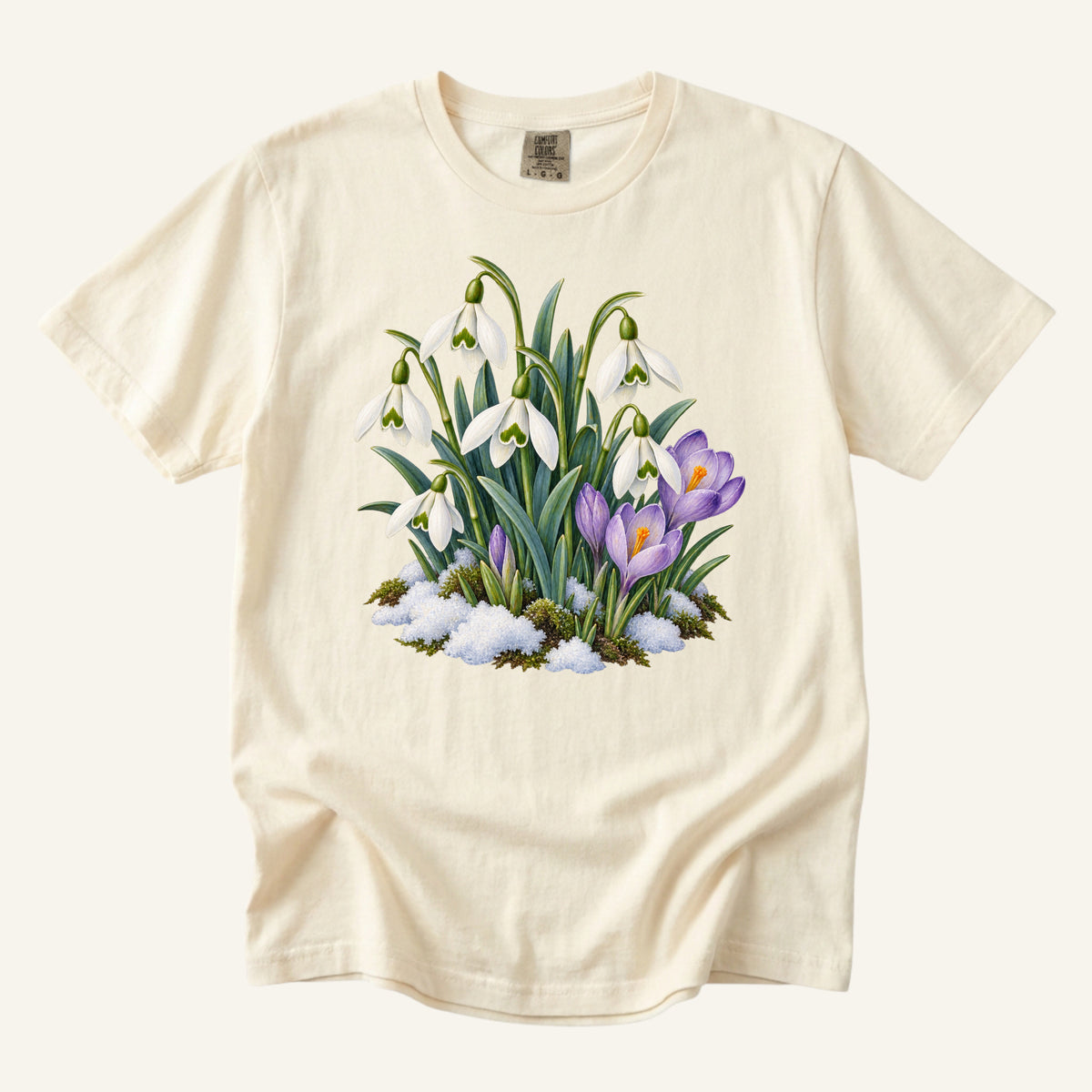 Snowdrop & Crocus T-Shirt in Ivory — white snowdrops and purple crocus botanical tee