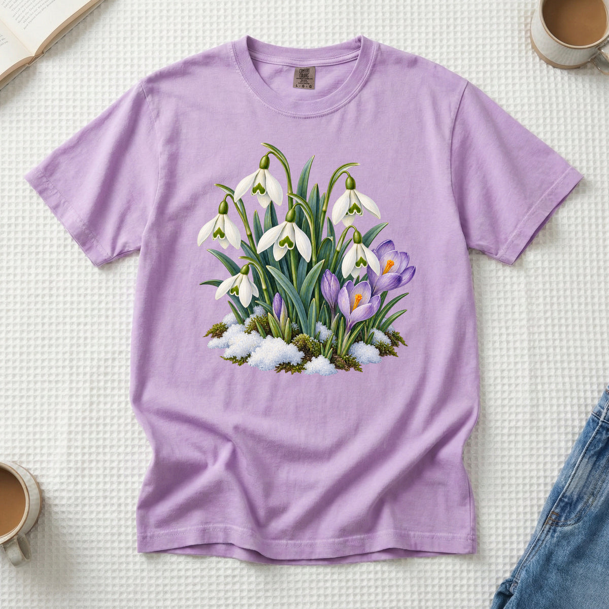 Snowdrop & Crocus T-Shirt in Orchid — spring gardening gift with snowdrops and crocuses