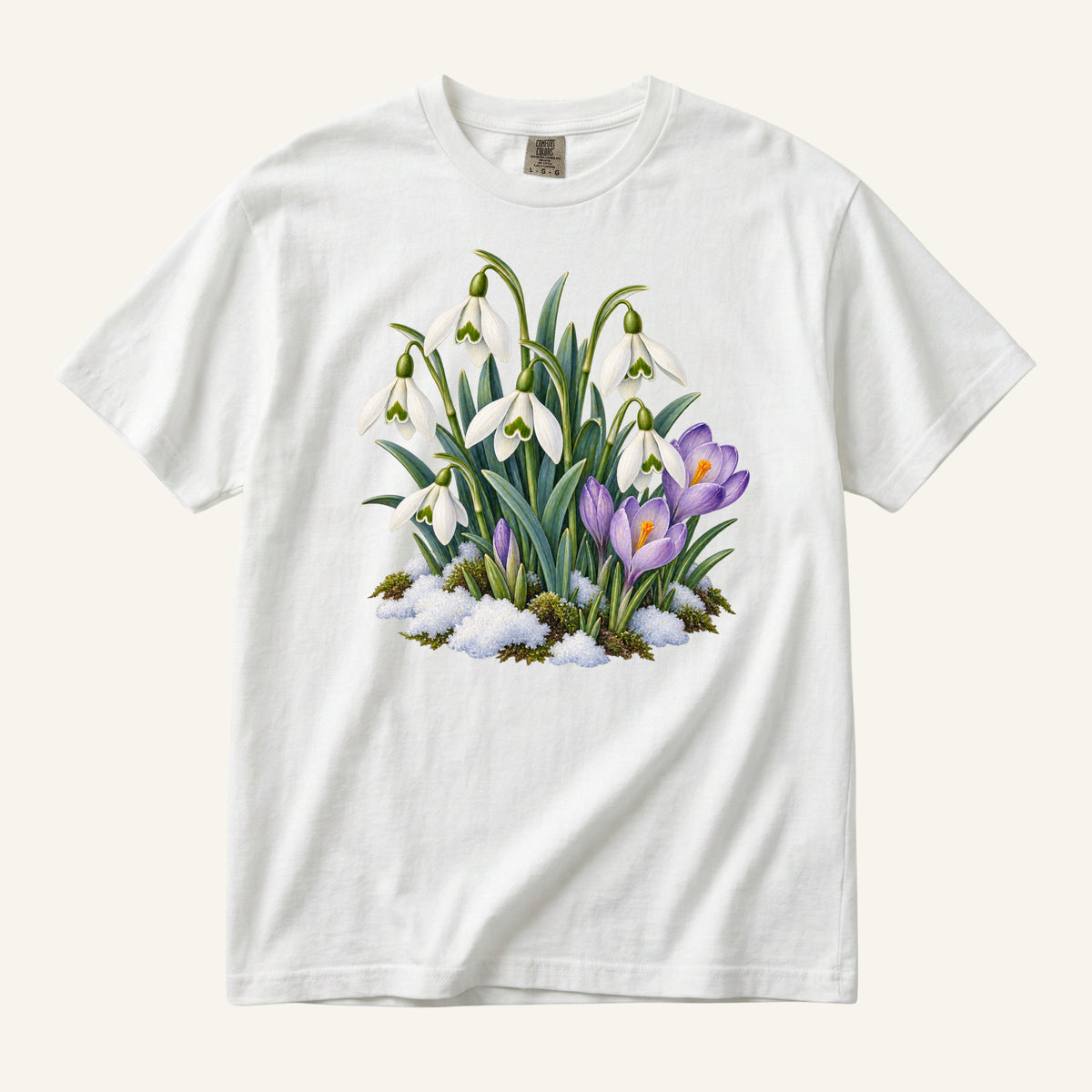 Snowdrop & Crocus T-Shirt in White — white snowdrops and purple crocuses rising through snow