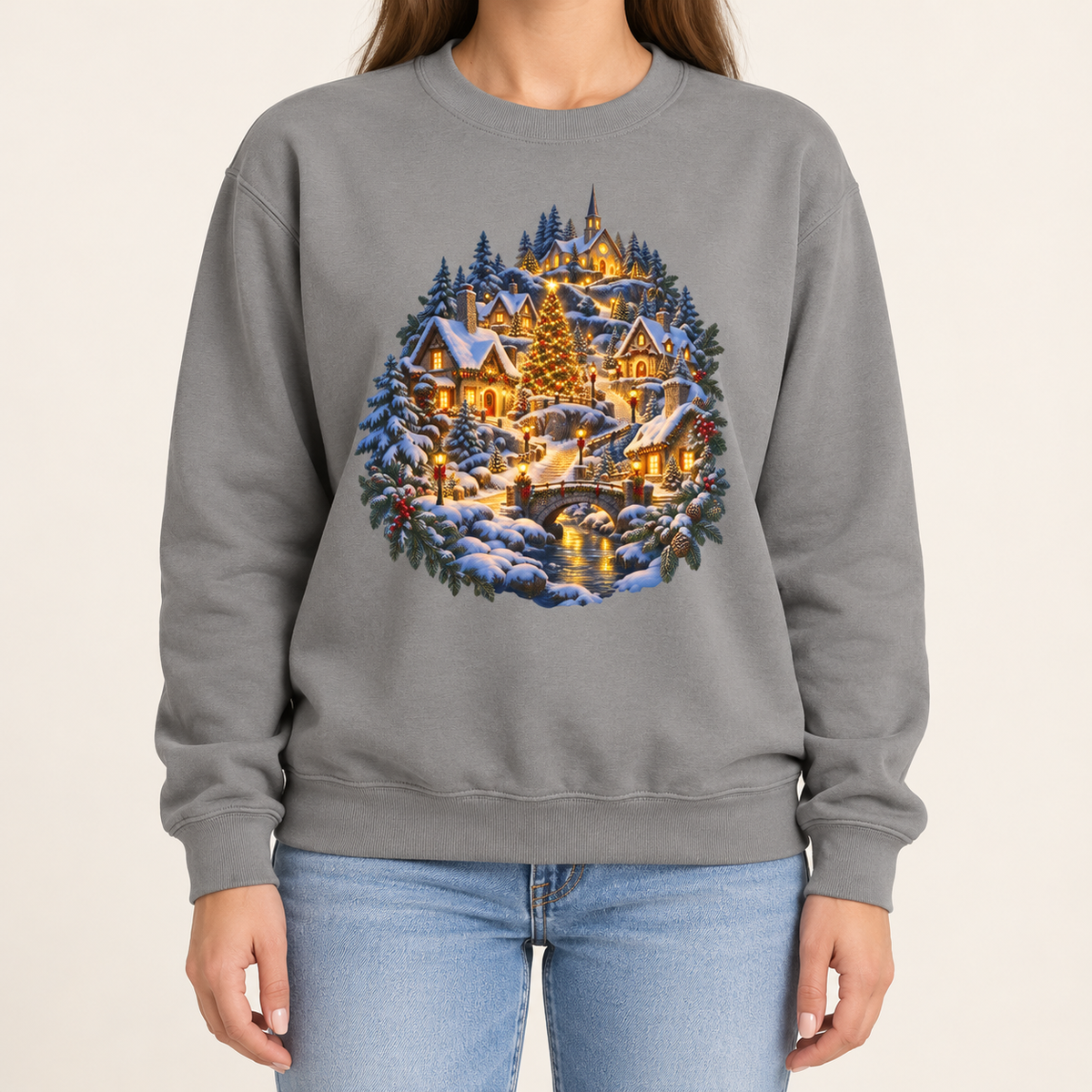 Small town Christmas sweatshirt in Grey: a snowy hillside village with a lit church, Christmas tree and stone bridge, on a soft heather gray garment-dyed Comfort Colors crewneck
