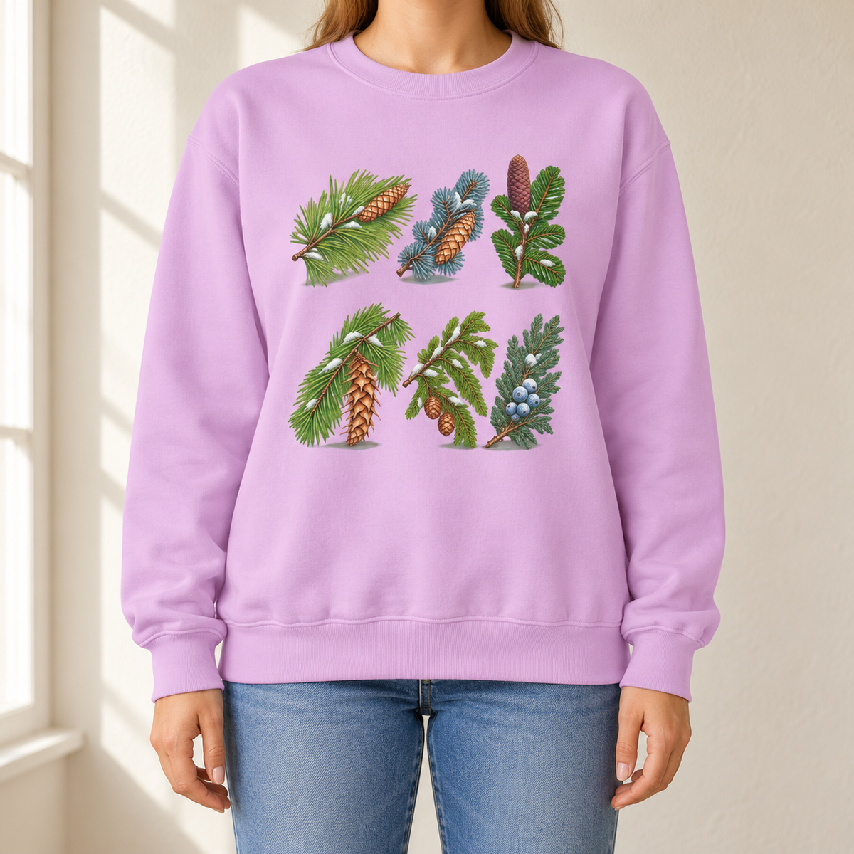 Evergreen Study Sweatshirt in Orchid - six watercolor conifer sprigs with cones and snow laid out like a botanical plate, printed on a garment-dyed Comfort Colors 1566 crewneck