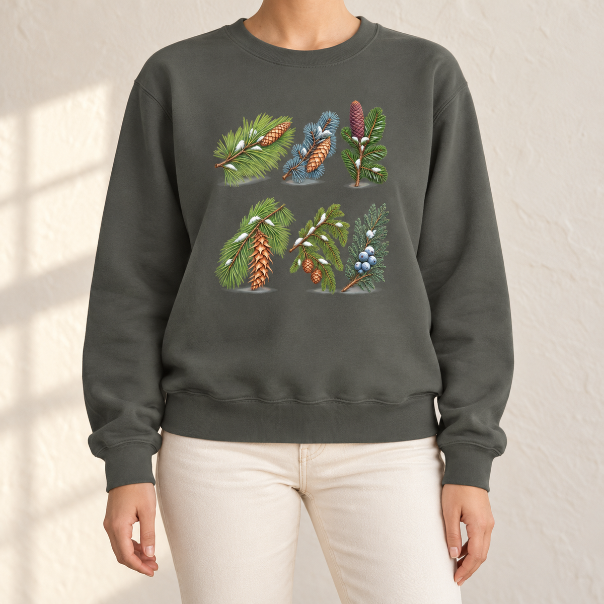 Evergreen Study Sweatshirt in Pepper - six watercolor conifer sprigs with cones and snow laid out like a botanical plate, printed on a garment-dyed Comfort Colors 1566 crewneck