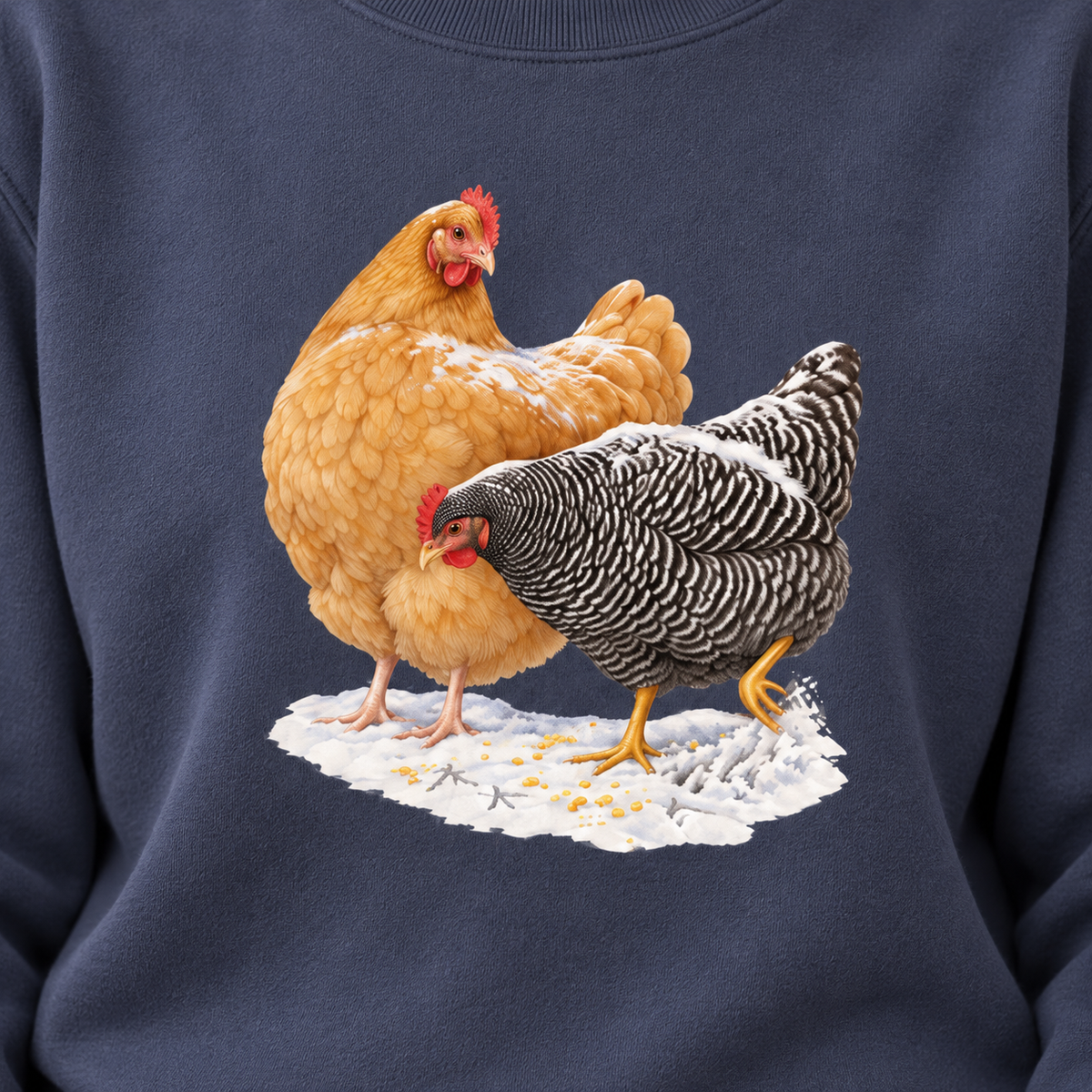 Winter hens sweatshirt in Denim, flat view – the snowy hens print on a deep washed blue Comfort Colors crewneck