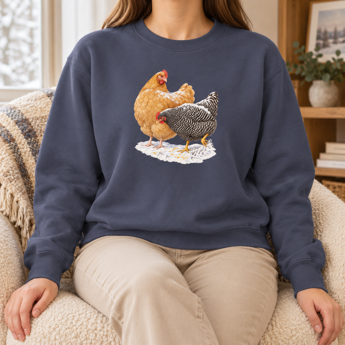 Winter hens sweatshirt in Denim worn by a woman – the snowy hens on a deep washed blue Comfort Colors crewneck