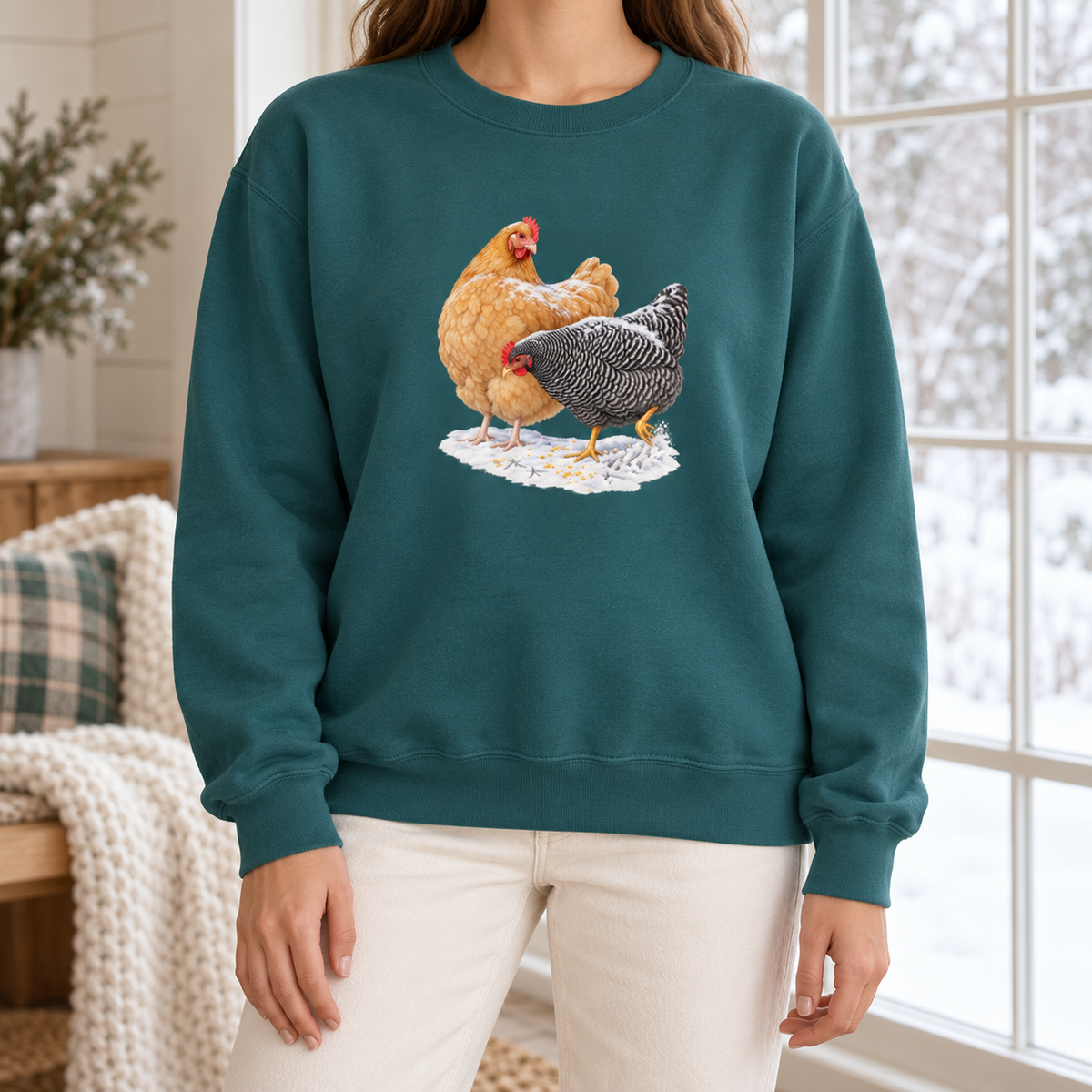 Winter hens sweatshirt in Blue Spruce worn by a woman – the golden Buff Orpington and Barred Rock in snow on a deep evergreen Comfort Colors 1566 crewneck