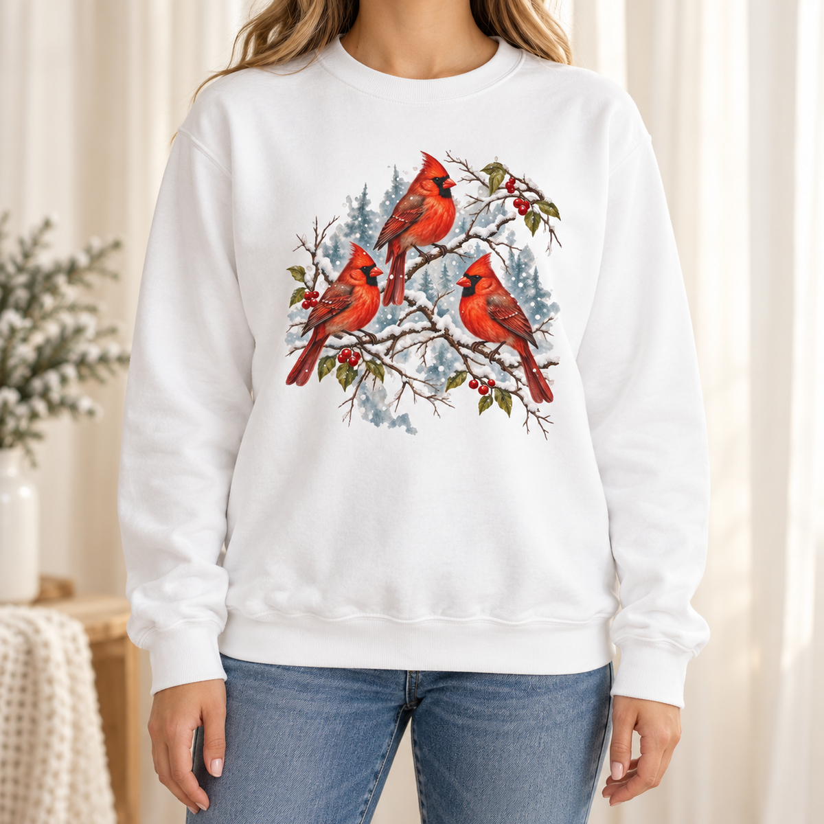 Three Snowy Cardinals on Berry Branches Sweatshirt in White - snowy cardinal trio watercolor on a white garment-dyed crewneck
