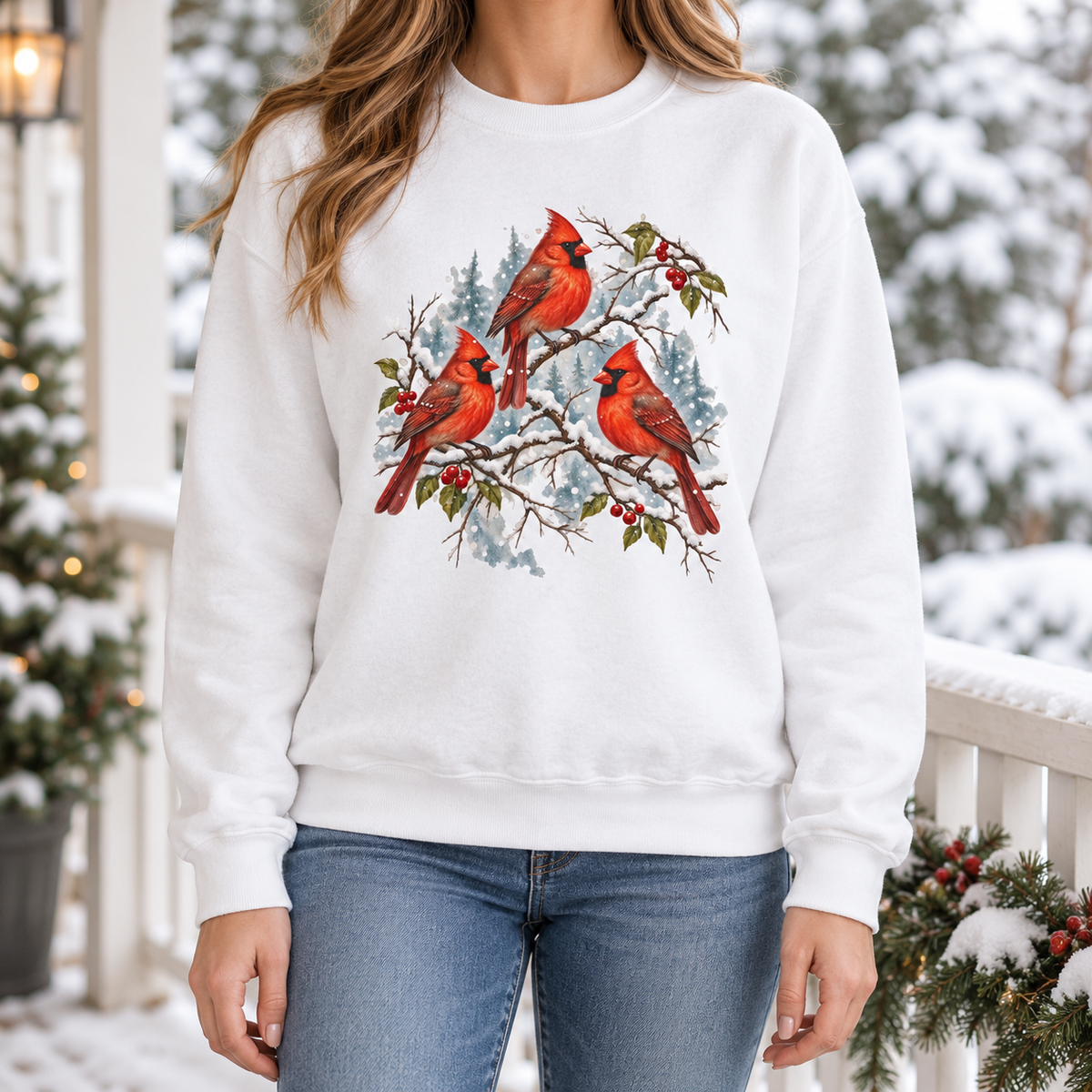 Three Snowy Cardinals sweatshirt on a snowy porch - winter cardinal crewneck lifestyle photo, no text on the design