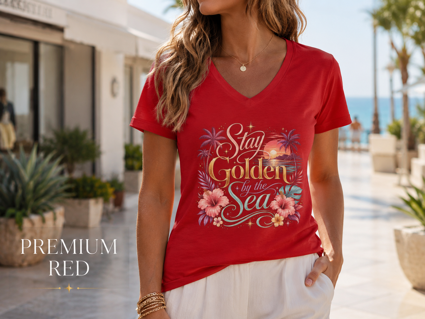 Stay Golden by the Sea - V-Neck Tee