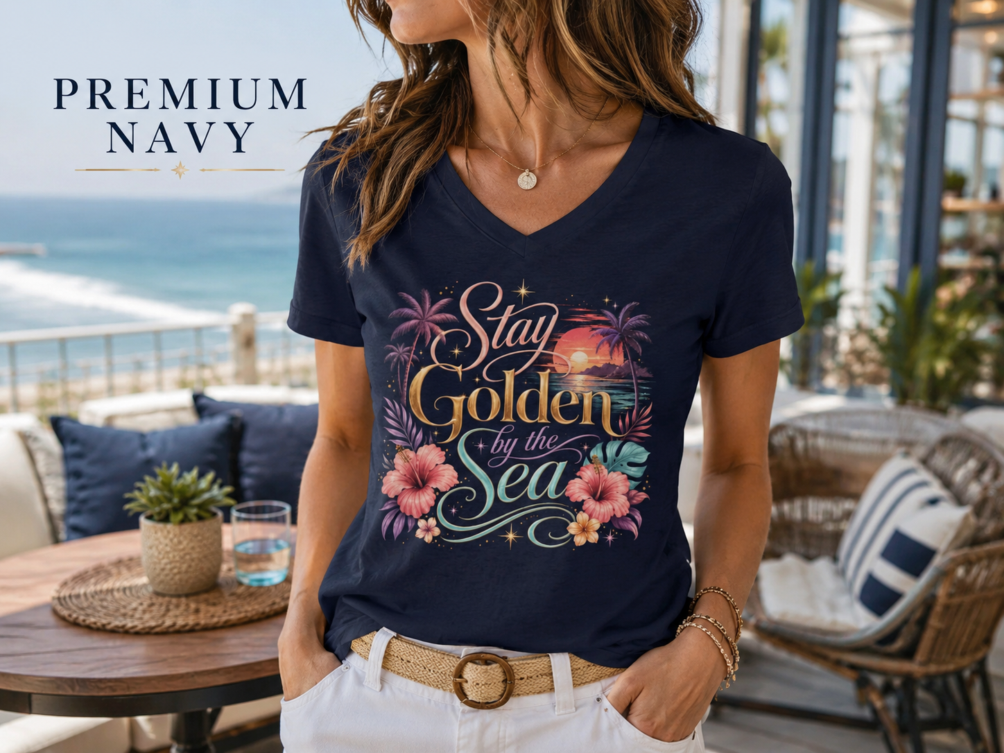 Stay Golden by the Sea - V-Neck Tee