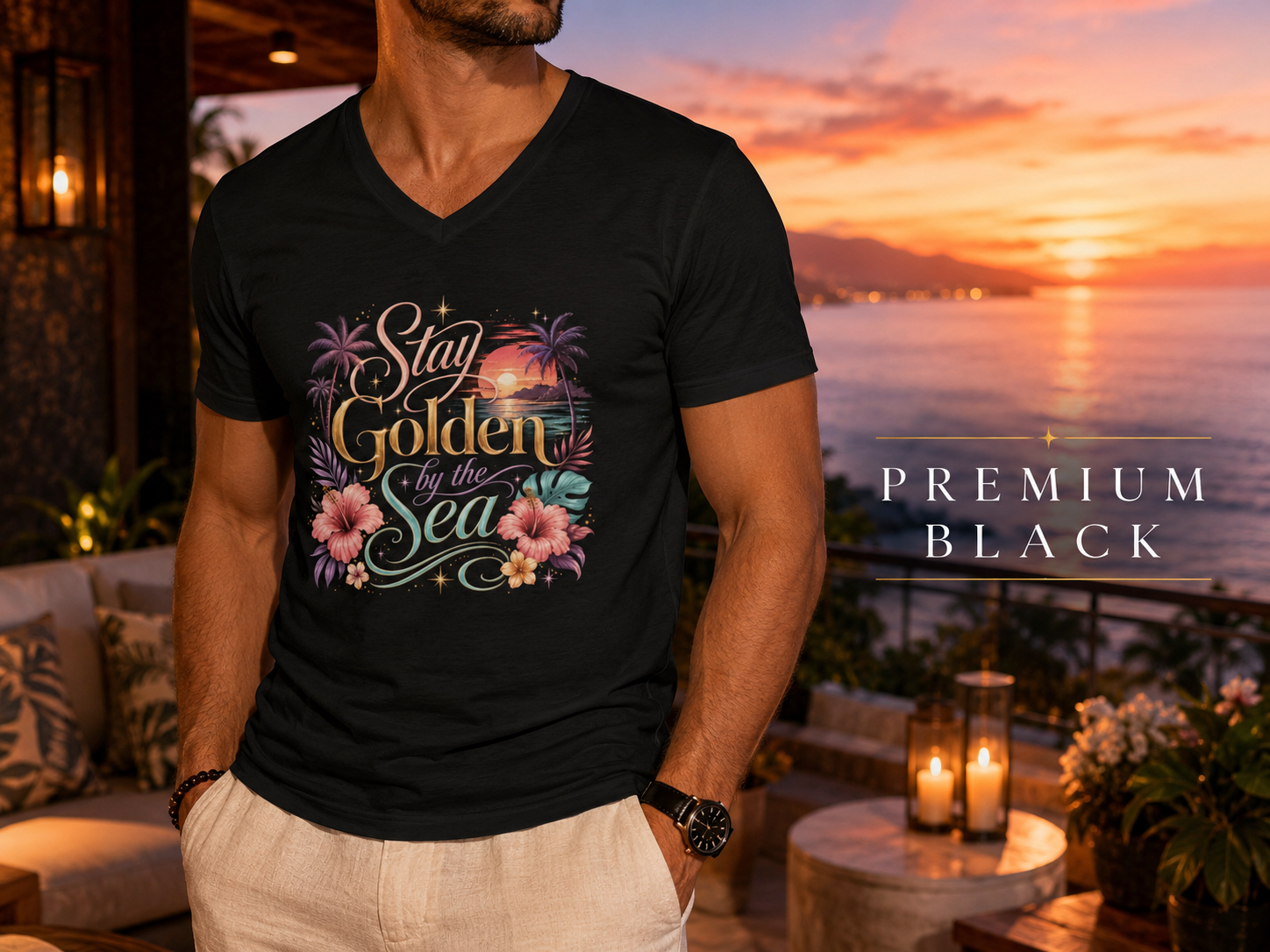 Stay Golden by the Sea - V-Neck Tee