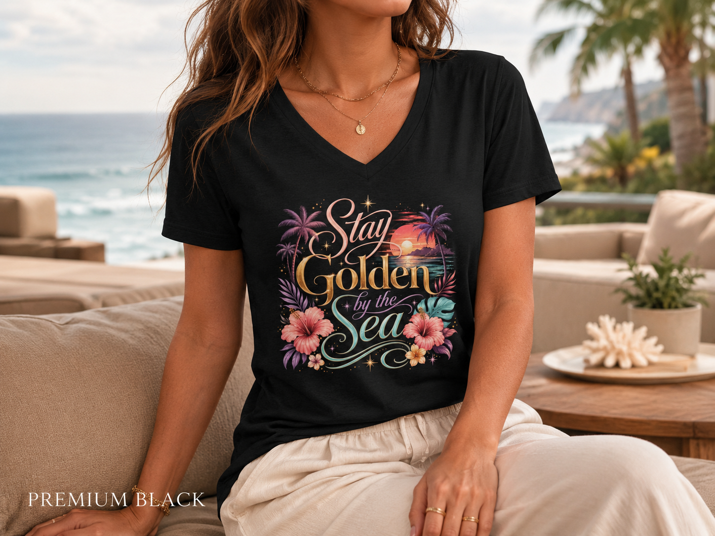 Stay Golden by the Sea - V-Neck Tee