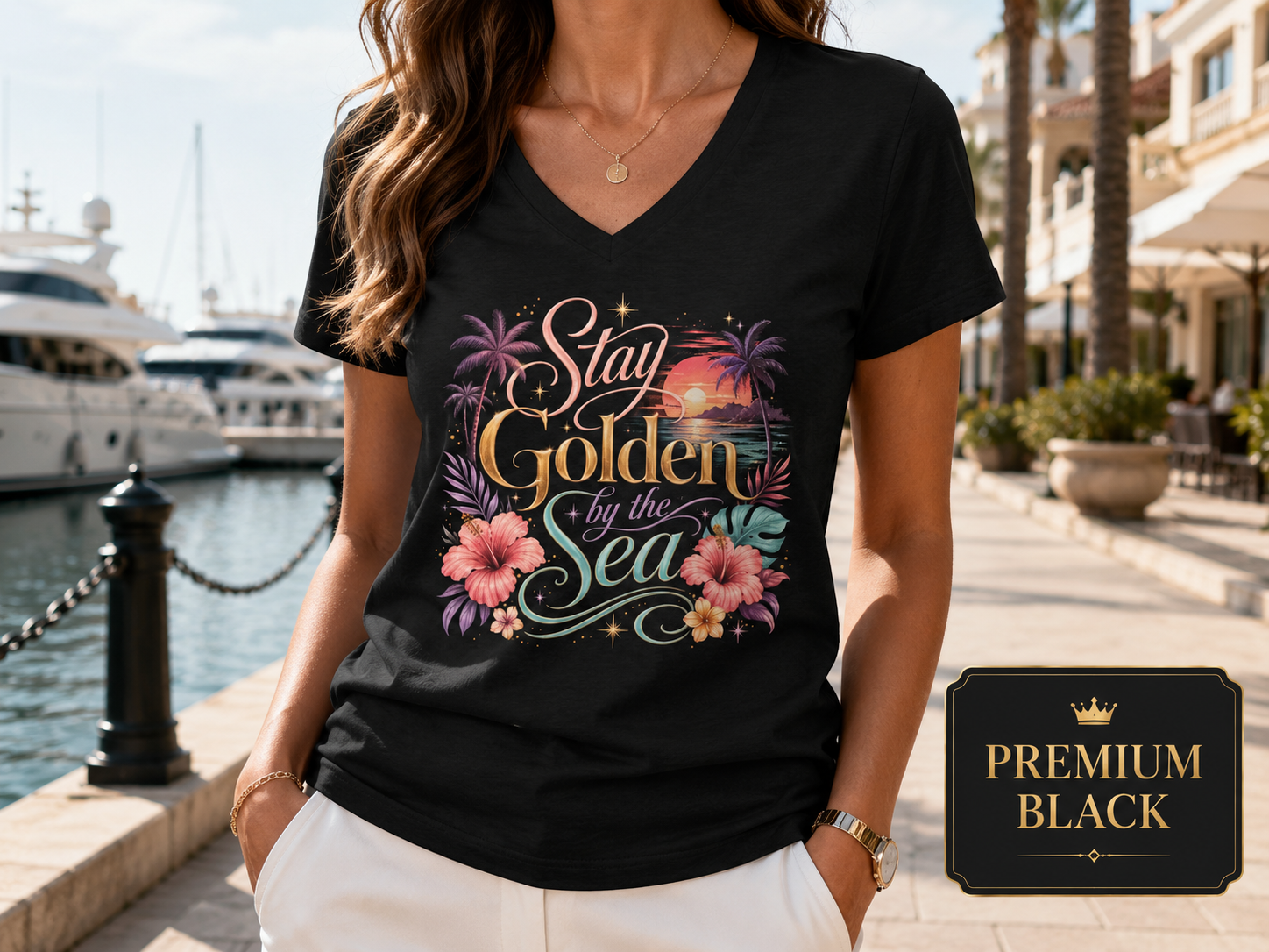 Stay Golden by the Sea - V-Neck Tee