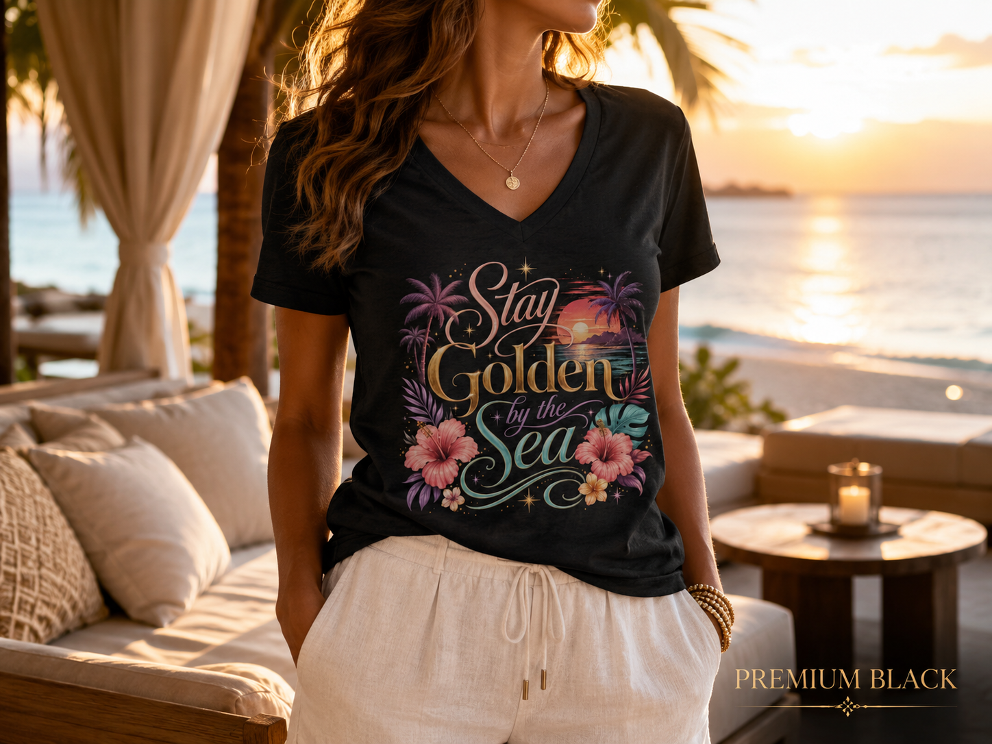 Stay Golden by the Sea - V-Neck Tee