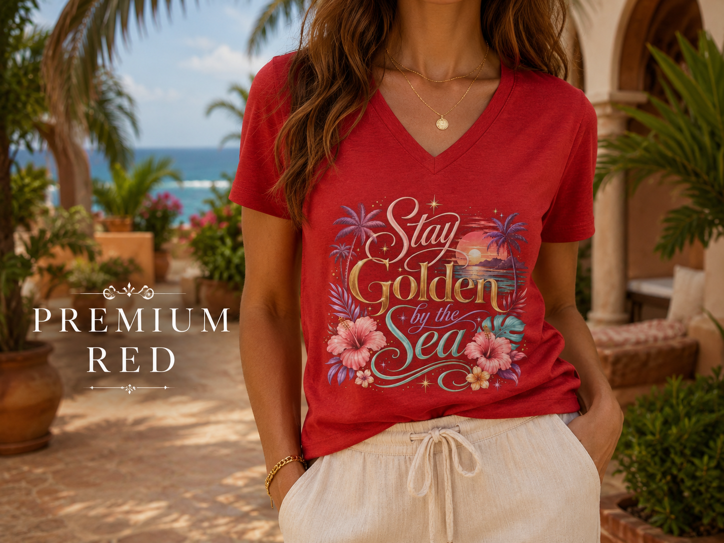 Stay Golden by the Sea - V-Neck Tee