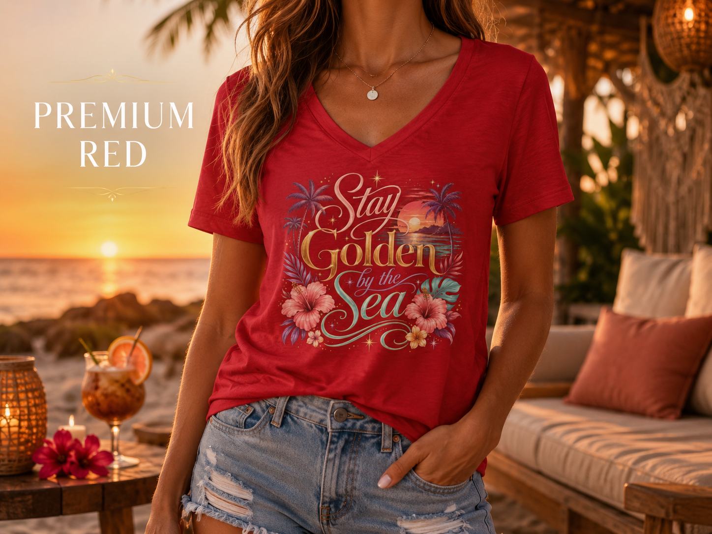 Stay Golden by the Sea - V-Neck Tee