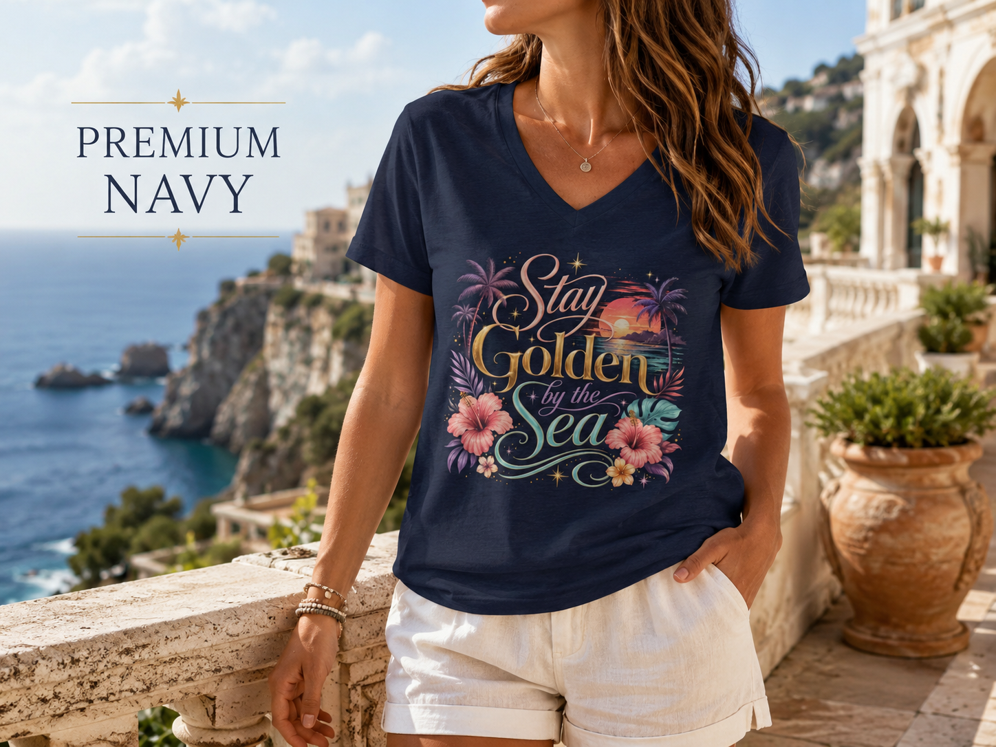 Stay Golden by the Sea - V-Neck Tee