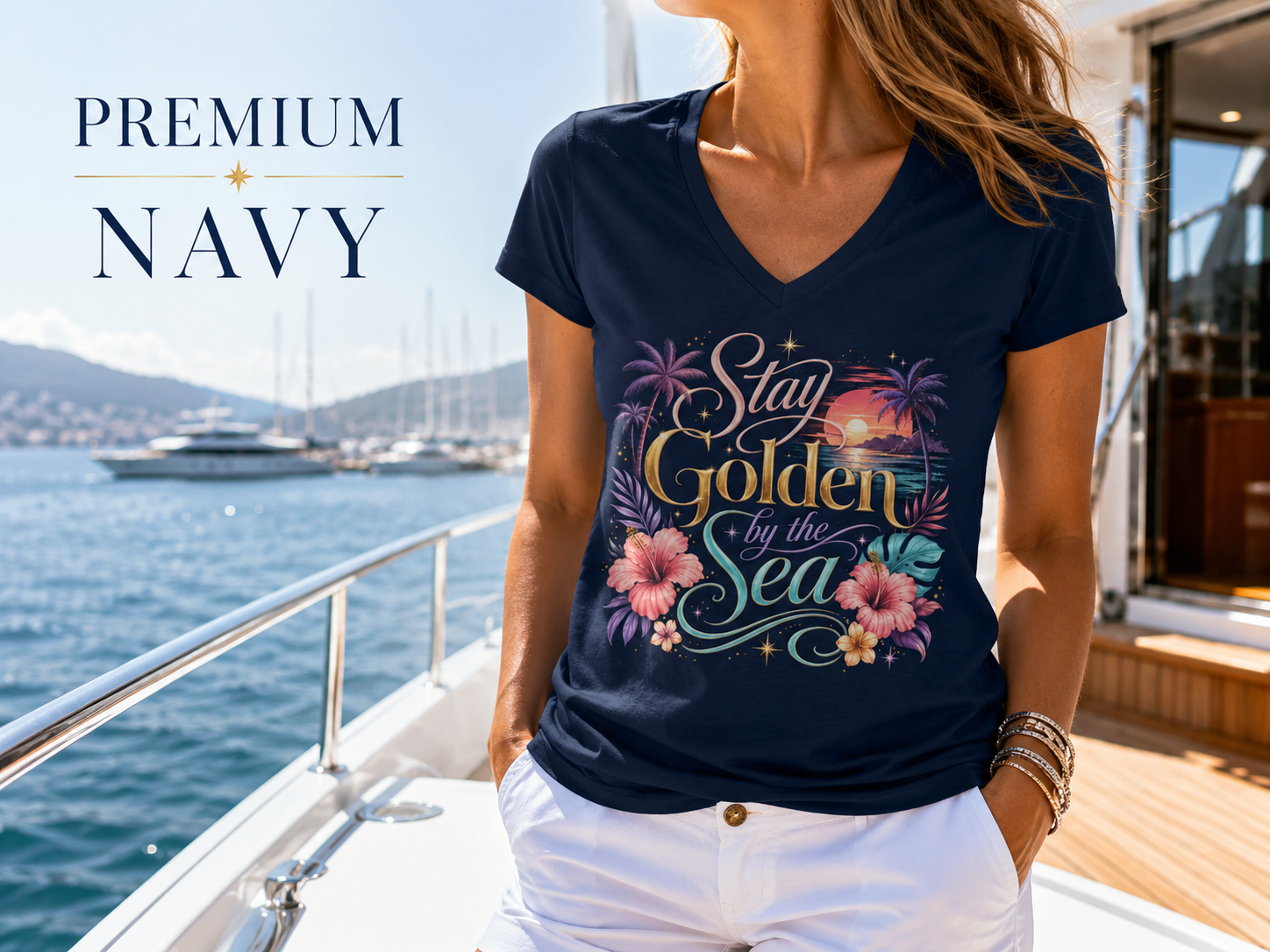 Stay Golden by the Sea - V-Neck Tee