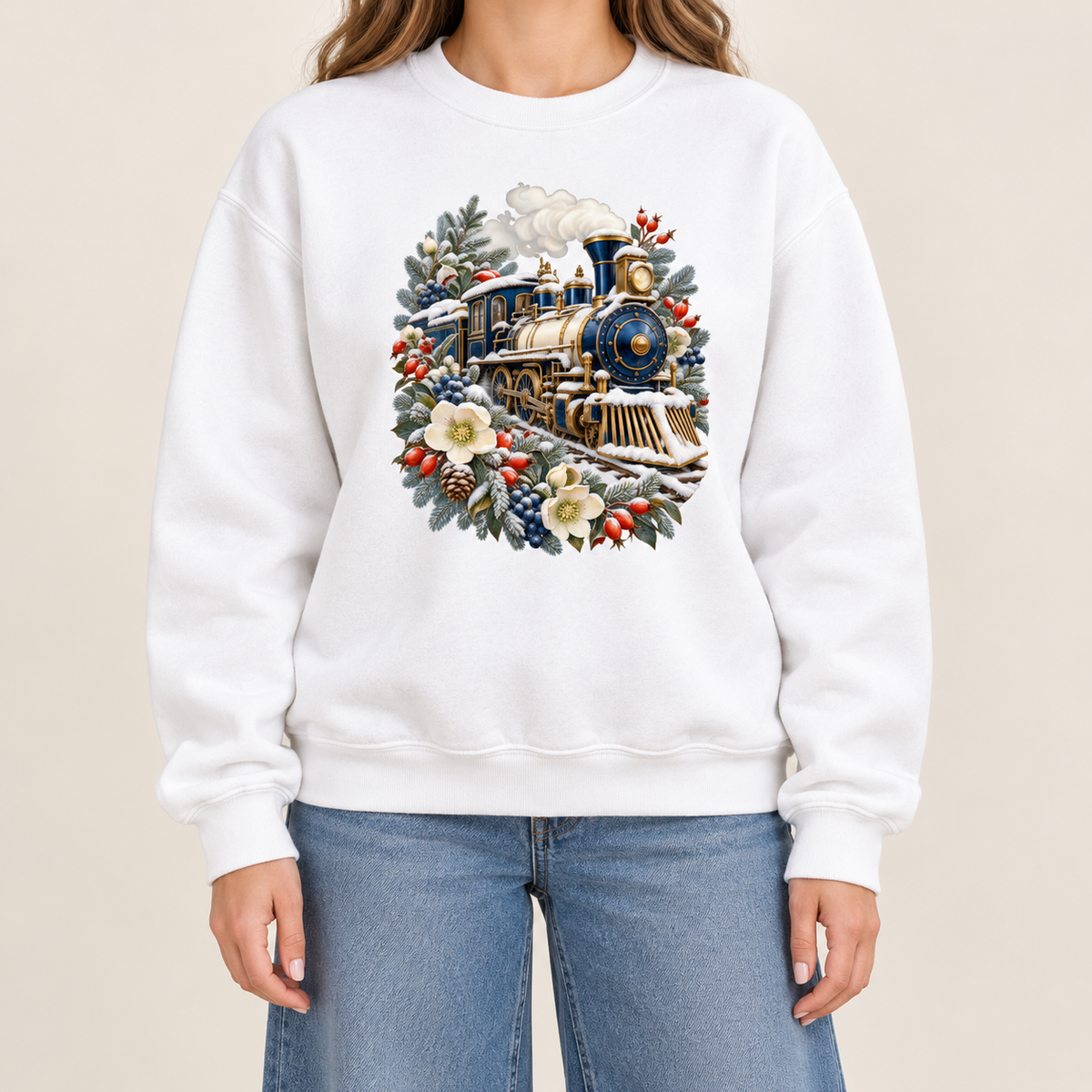 Steam train winter sweatshirt, relaxed unisex fit, adult sizes S to 3XL — a deep blue and gold steam locomotive ringed by snow-dusted evergreen, red berries, pinecones and cream flowers