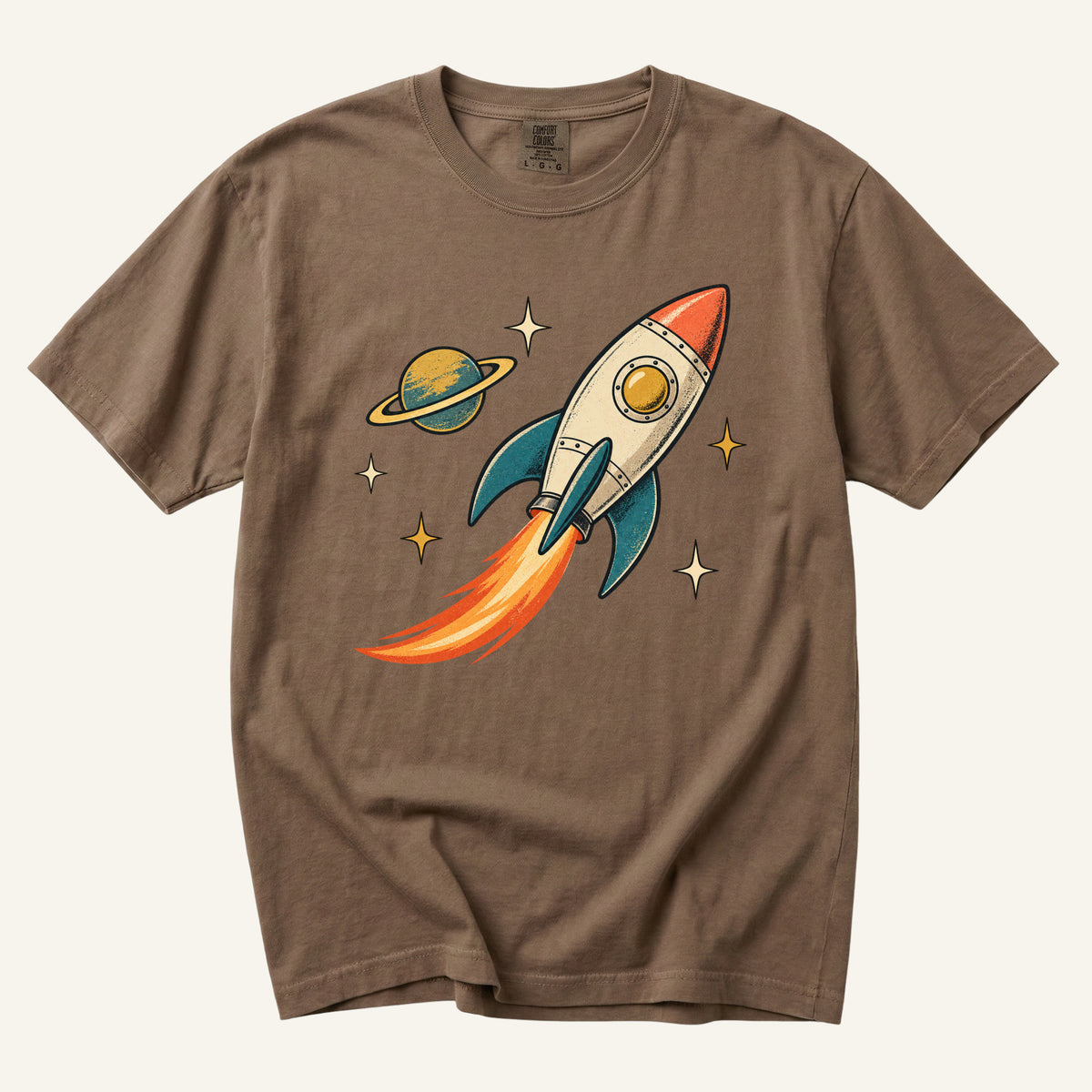 Still Looking Up T-Shirt in Espresso — a rich vintage space-poster look for the retro rocket