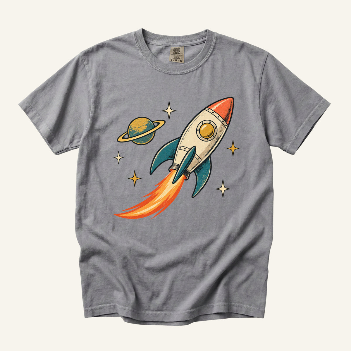 Still Looking Up T-Shirt in Grey — a space lover gift on garment-dyed cotton, sizes S to 3XL