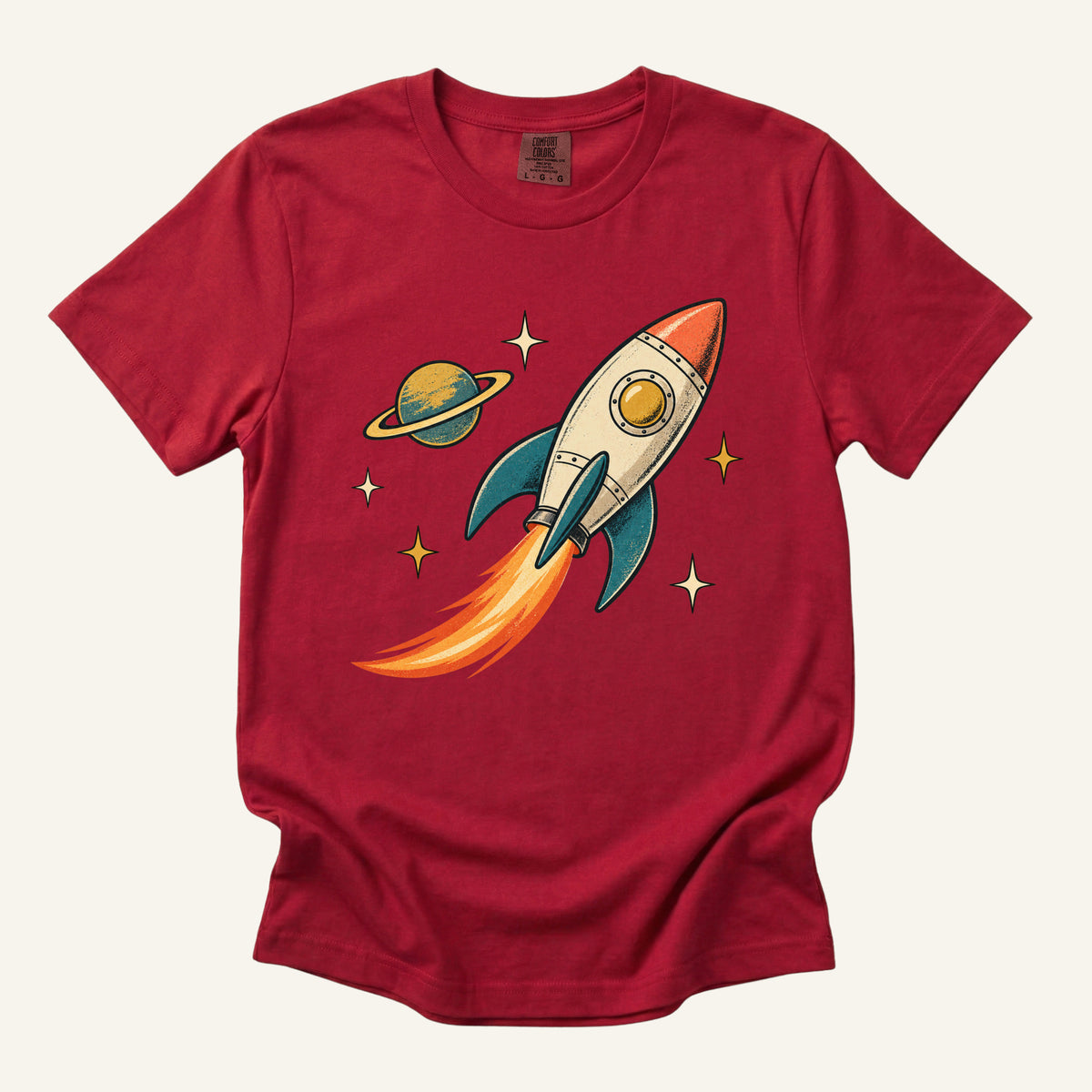 Still Looking Up T-Shirt in Red — retro rocket ship graphic, sizes S to 3XL