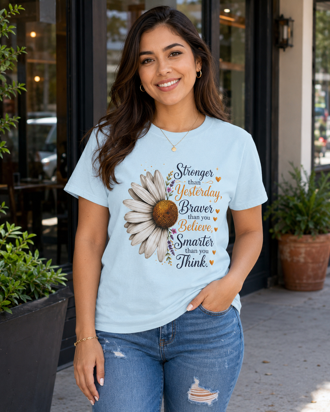 Stronger Braver Smarter inspirational shirt on model