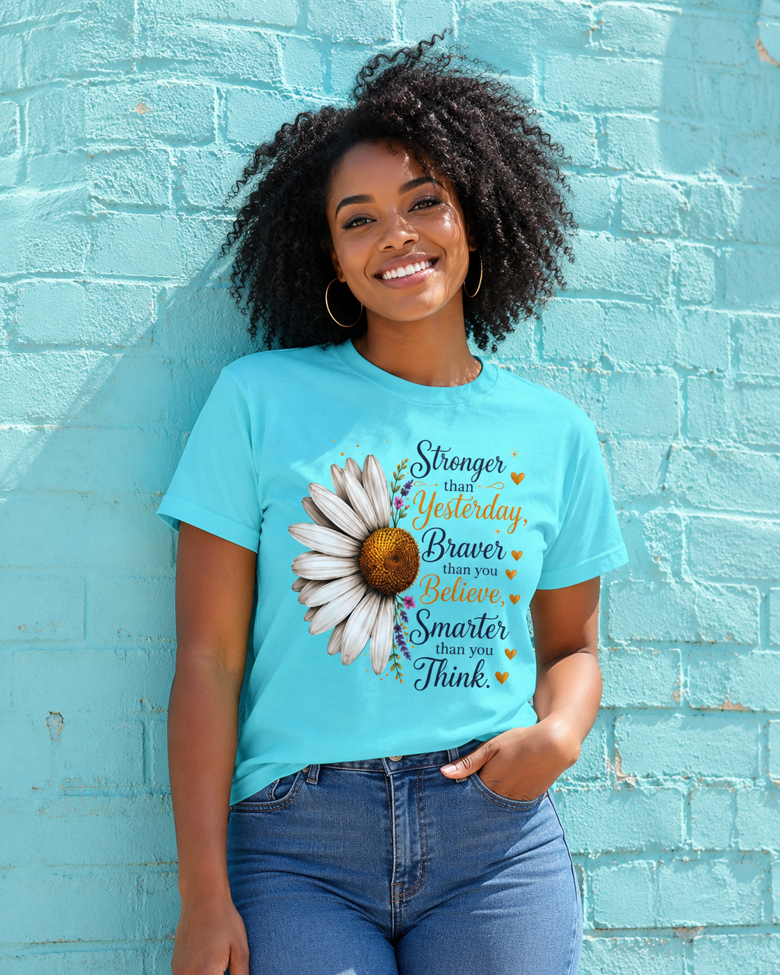 Stronger Braver Smarter daisy empowerment tee front view
