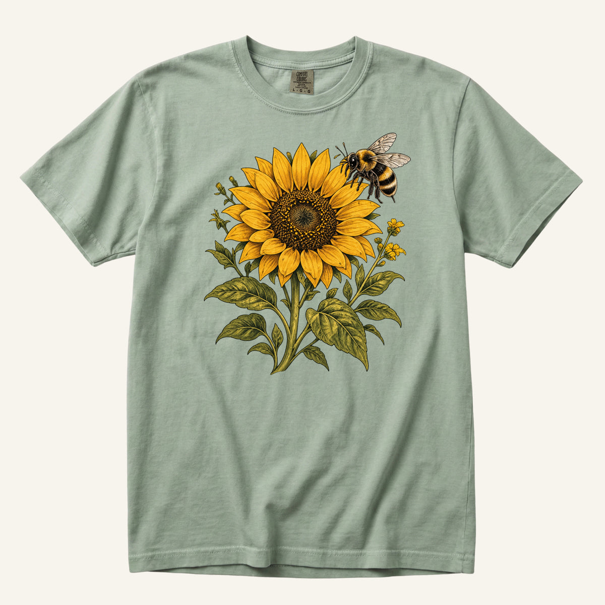 Summer Has Company tee in Bay, a golden sunflower with a bumblebee on soft green