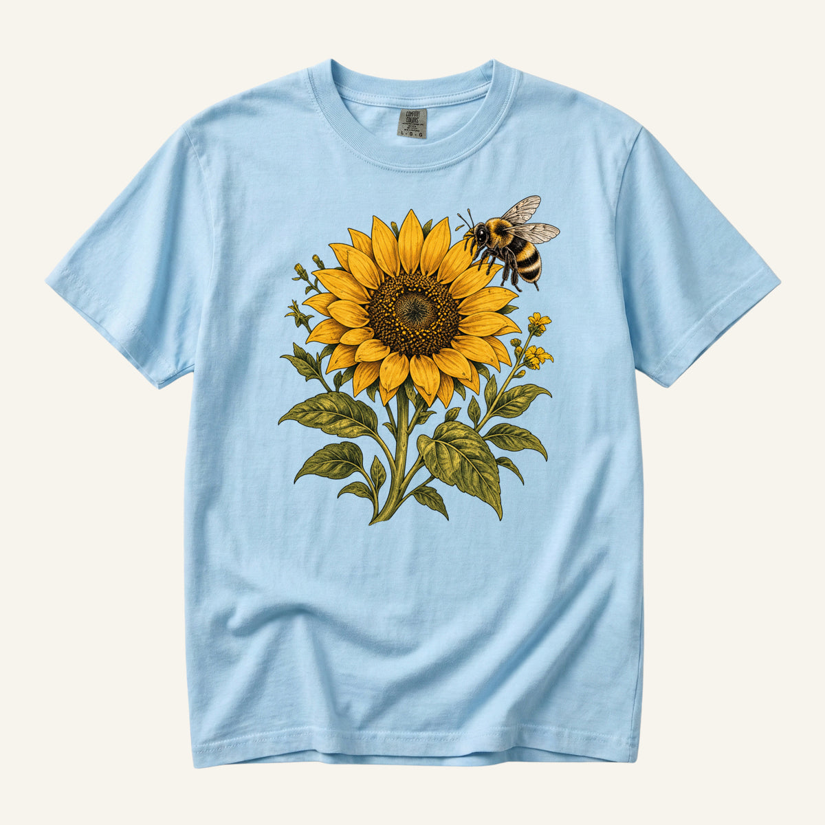 Summer Has Company tee in Chambray, a sunflower and bee botanical print on light blue