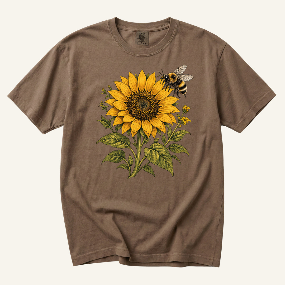 Summer Has Company tee in Espresso, a sunflower and pollinator print on rich brown