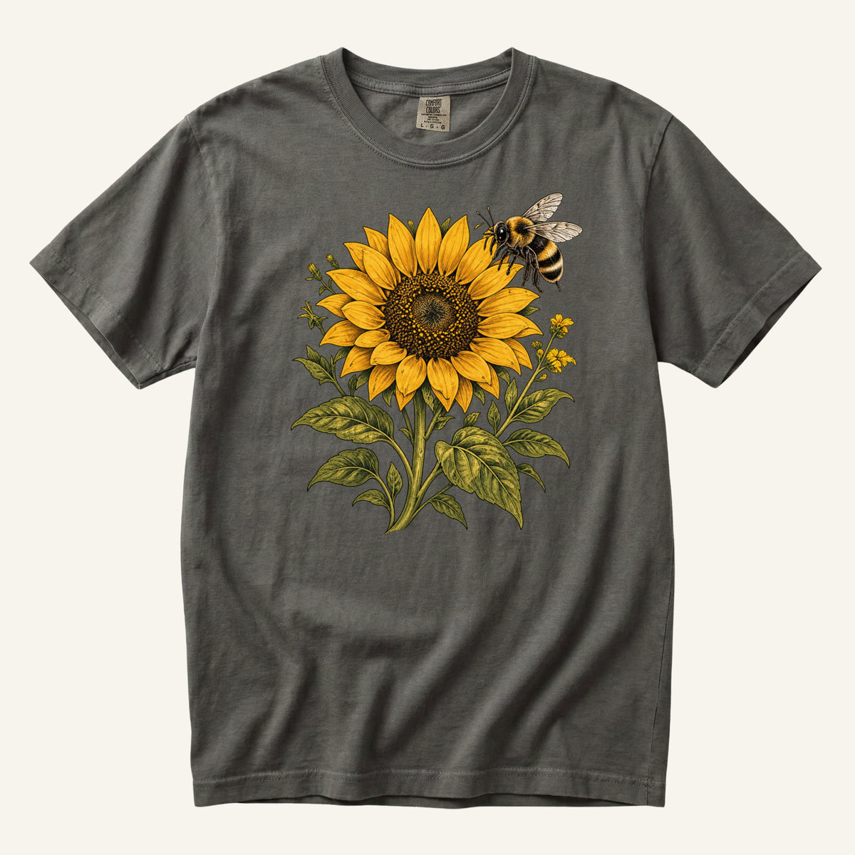 Summer Has Company tee in Pepper, a vintage sunflower and bumblebee print on washed charcoal