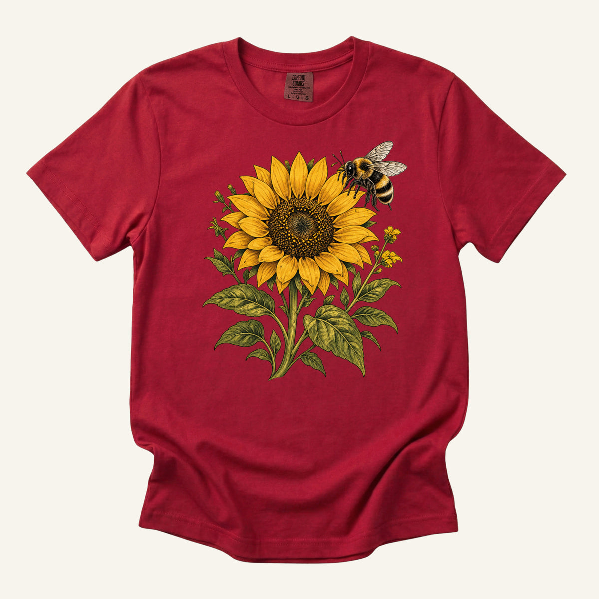Summer Has Company tee in Red, a bold sunflower and bee botanical print, a gift for gardeners