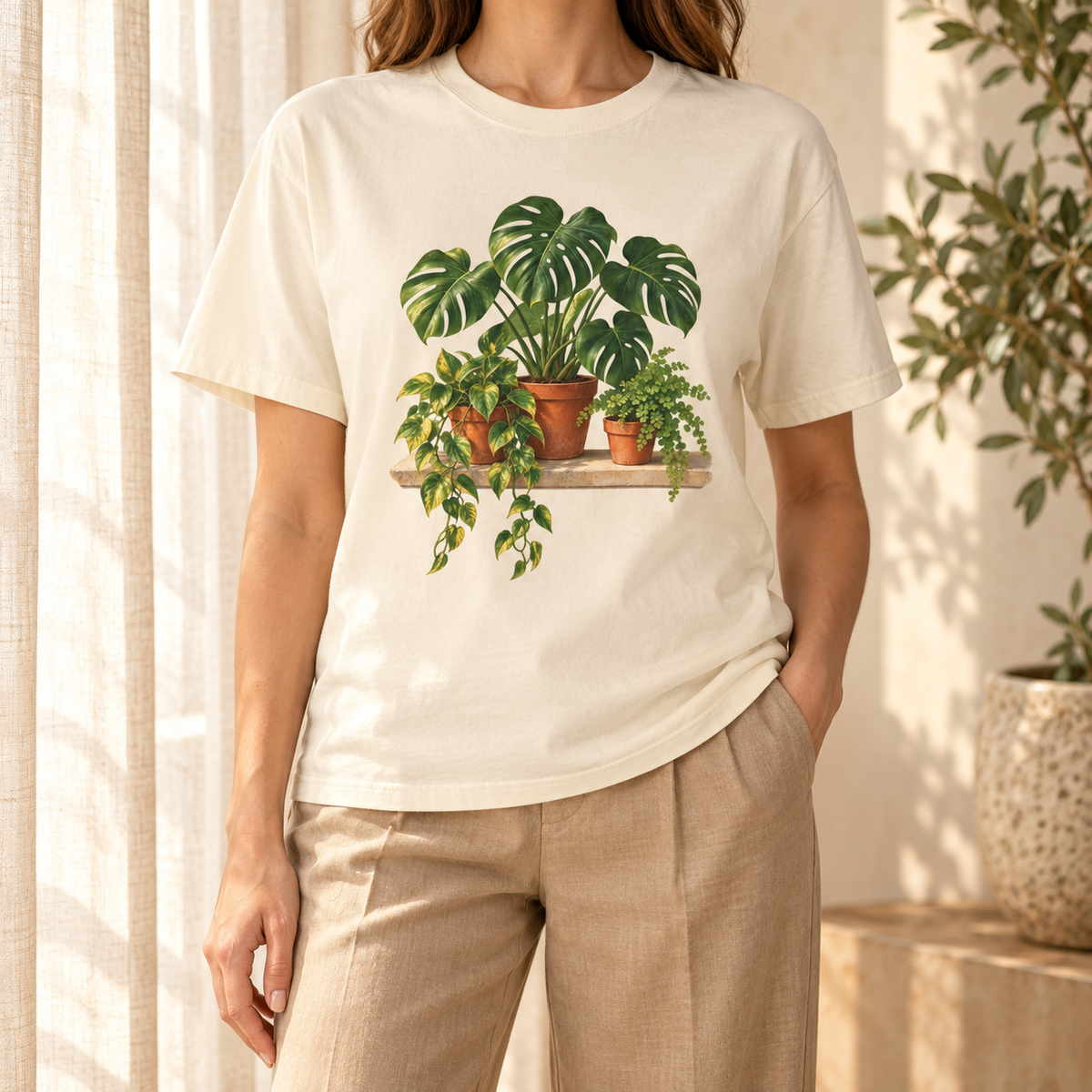 Houseplant t-shirt in Ivory worn in sunlight – warm off-white Comfort Colors tee with the terracotta-potted monstera, pothos and fern print