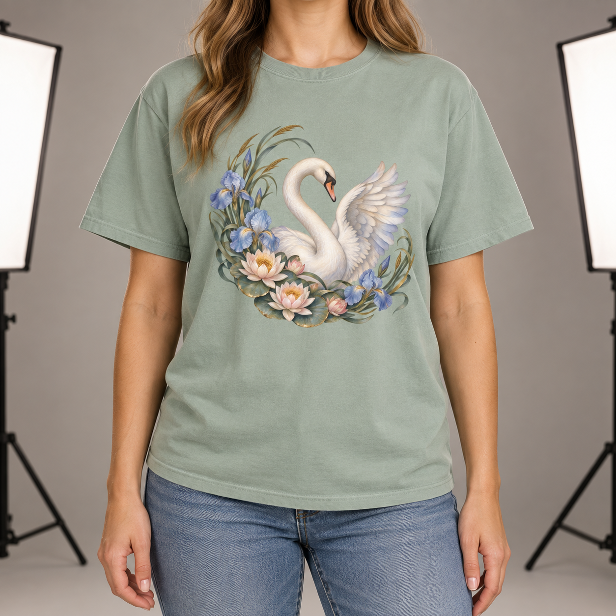Swan, Iris & Waterlily T-Shirt — Garment-Dyed Cotton
