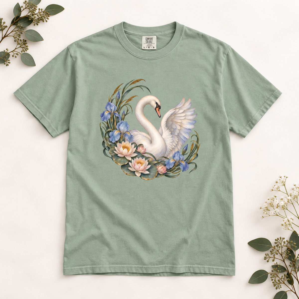 Swan, Iris & Waterlily T-Shirt — Garment-Dyed Cotton