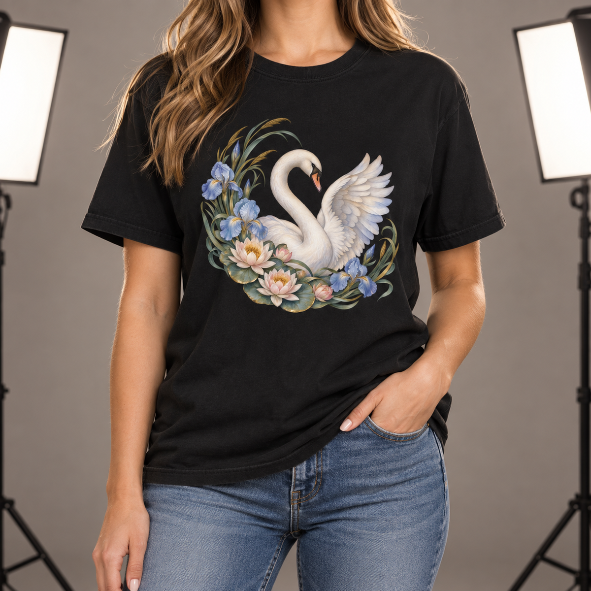 Swan, Iris & Waterlily T-Shirt — Garment-Dyed Cotton