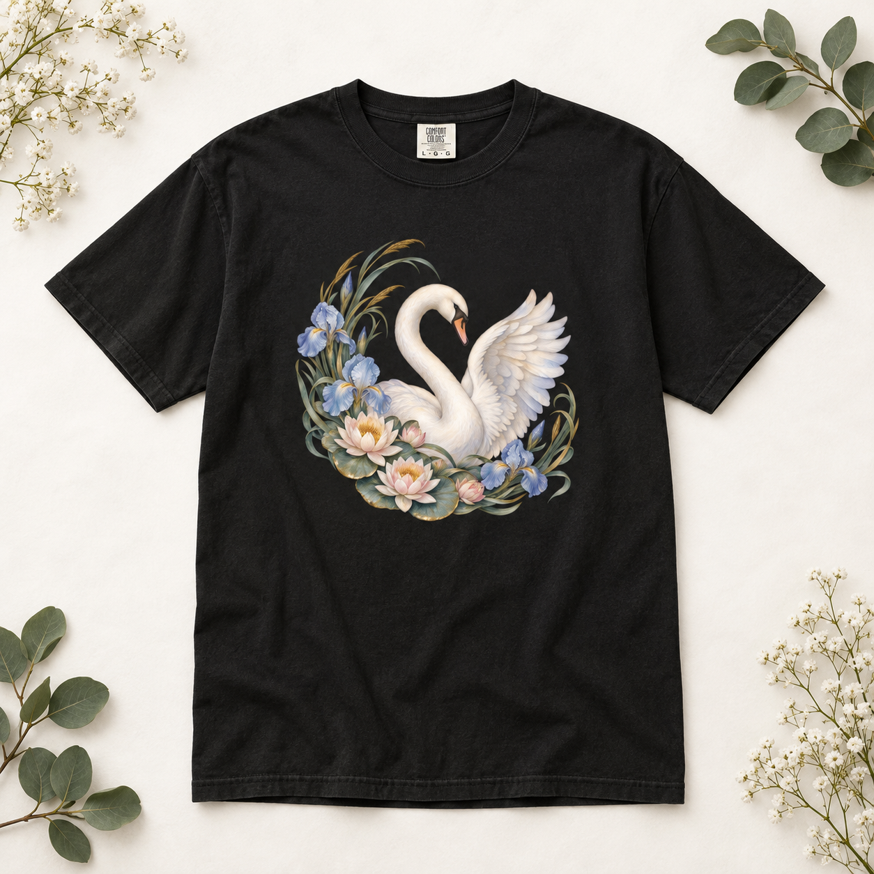 Swan, Iris & Waterlily T-Shirt — Garment-Dyed Cotton