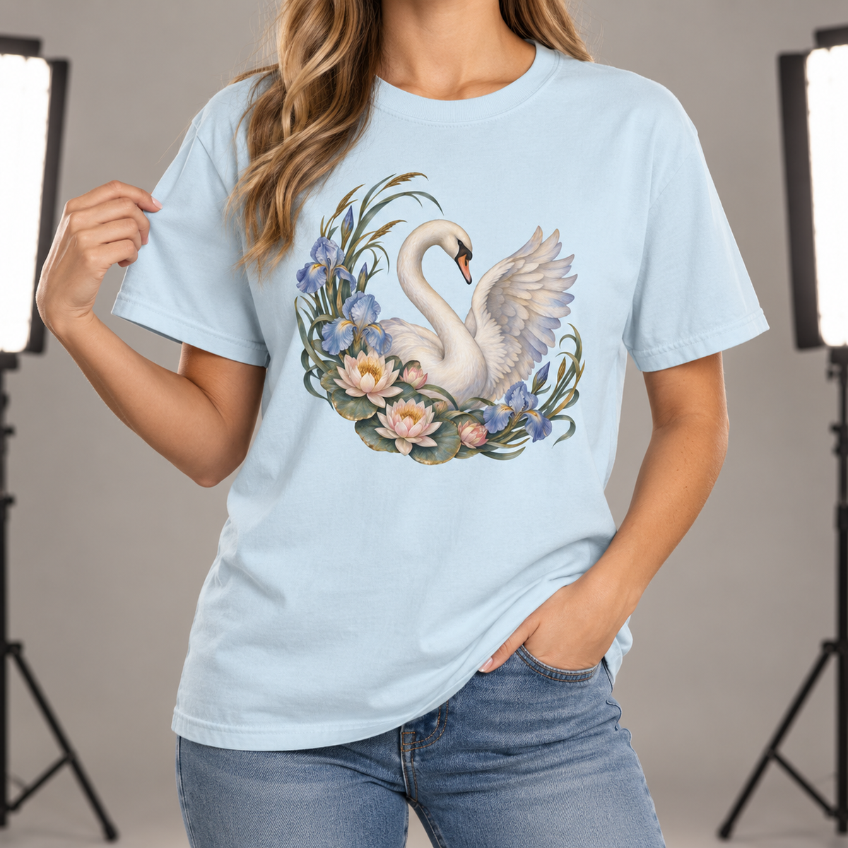 Swan, Iris & Waterlily T-Shirt — Garment-Dyed Cotton