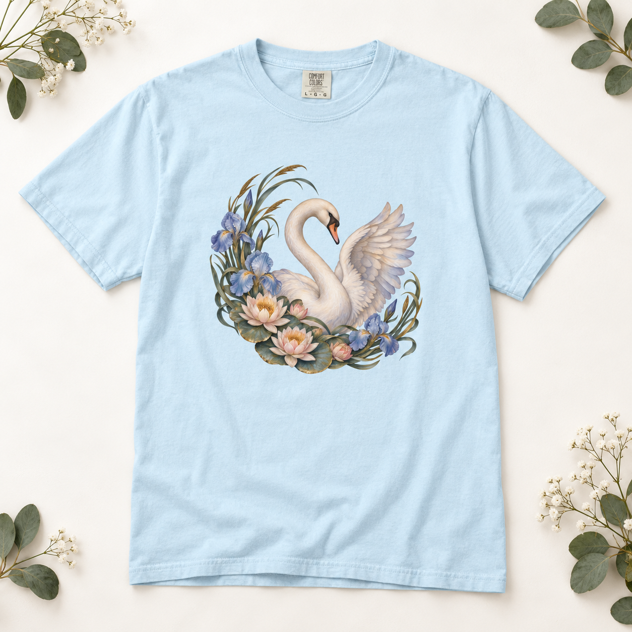 Swan, Iris & Waterlily T-Shirt — Garment-Dyed Cotton