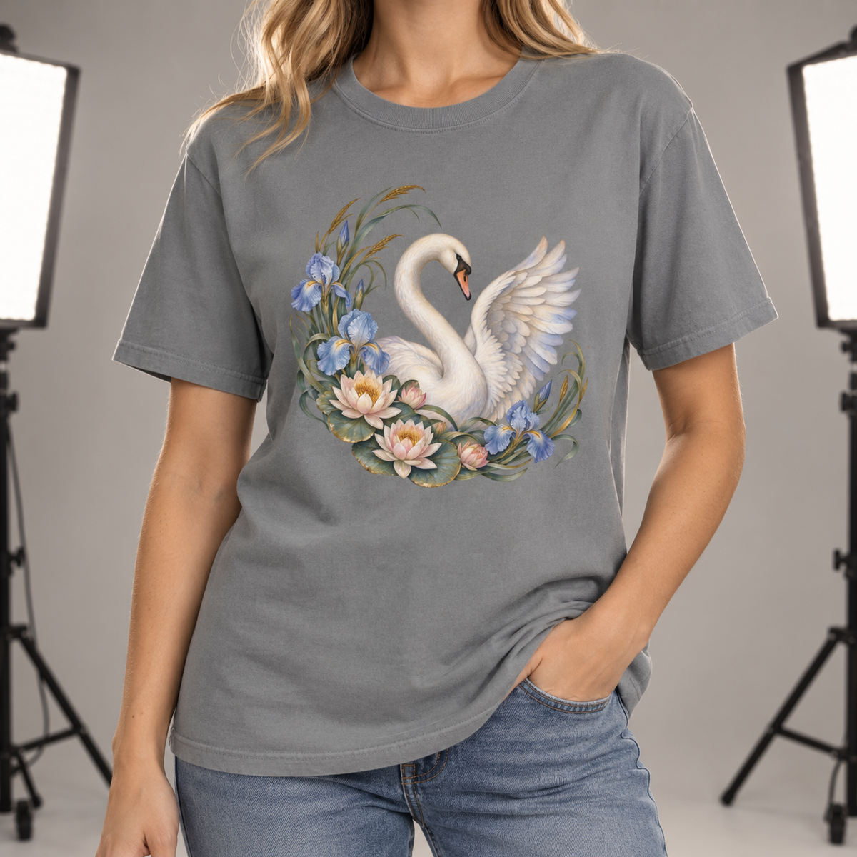 Swan, Iris & Waterlily T-Shirt — Garment-Dyed Cotton