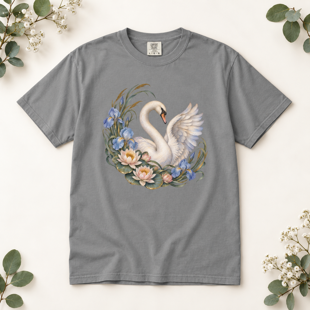 Swan, Iris & Waterlily T-Shirt — Garment-Dyed Cotton