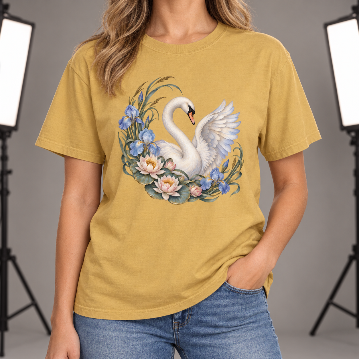 Swan, Iris & Waterlily T-Shirt — Garment-Dyed Cotton