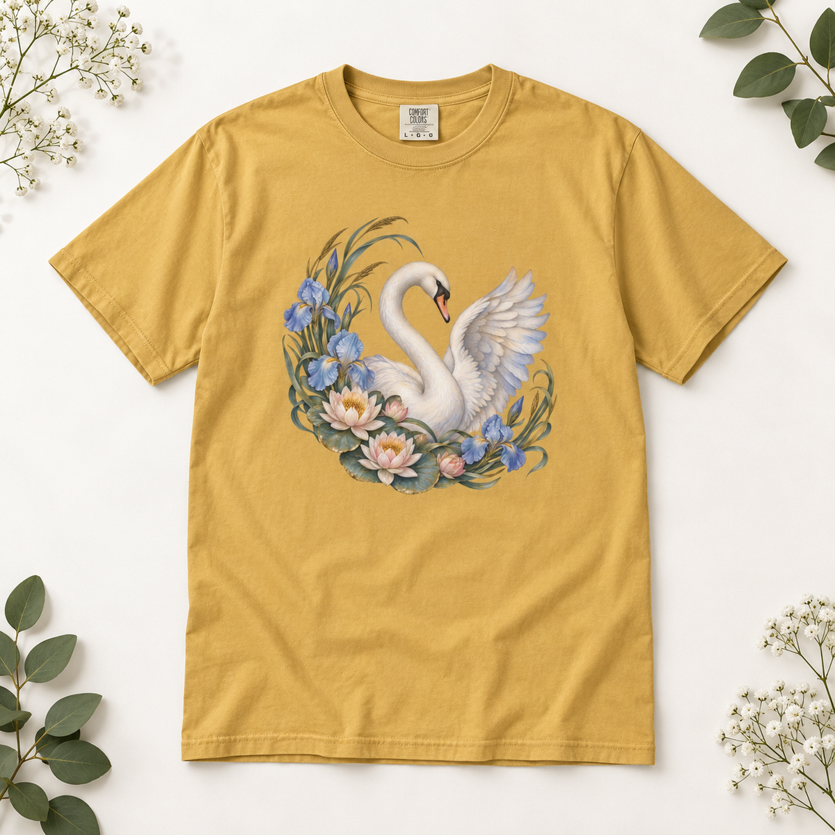 Swan, Iris & Waterlily T-Shirt — Garment-Dyed Cotton