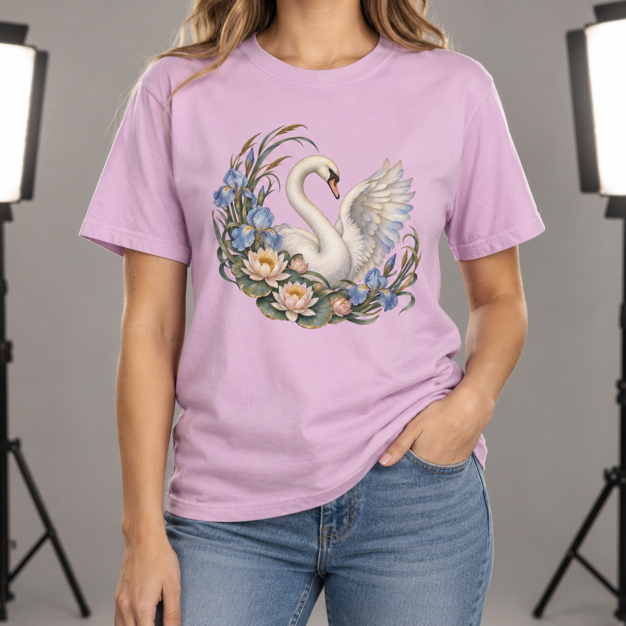 Swan, Iris & Waterlily T-Shirt — Garment-Dyed Cotton