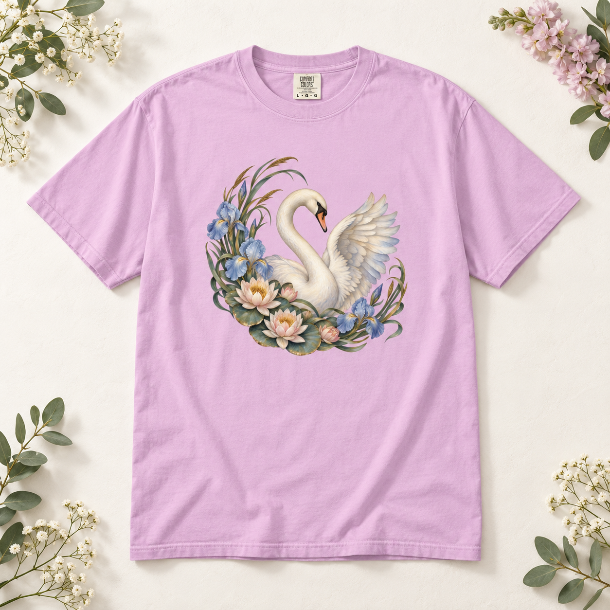 Swan, Iris & Waterlily T-Shirt — Garment-Dyed Cotton