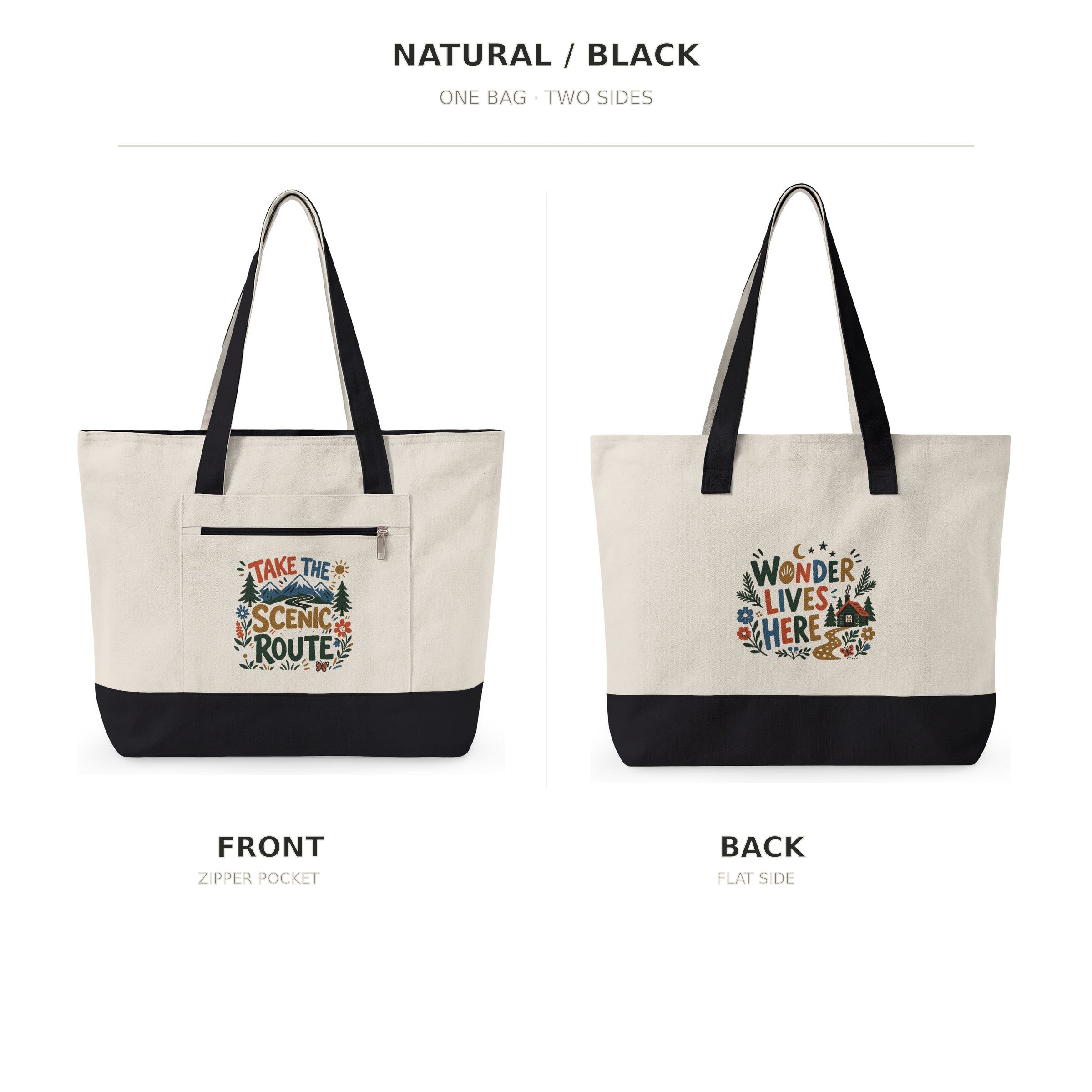 Take the Scenic Route zippered canvas tote in heavy natural cotton canvas